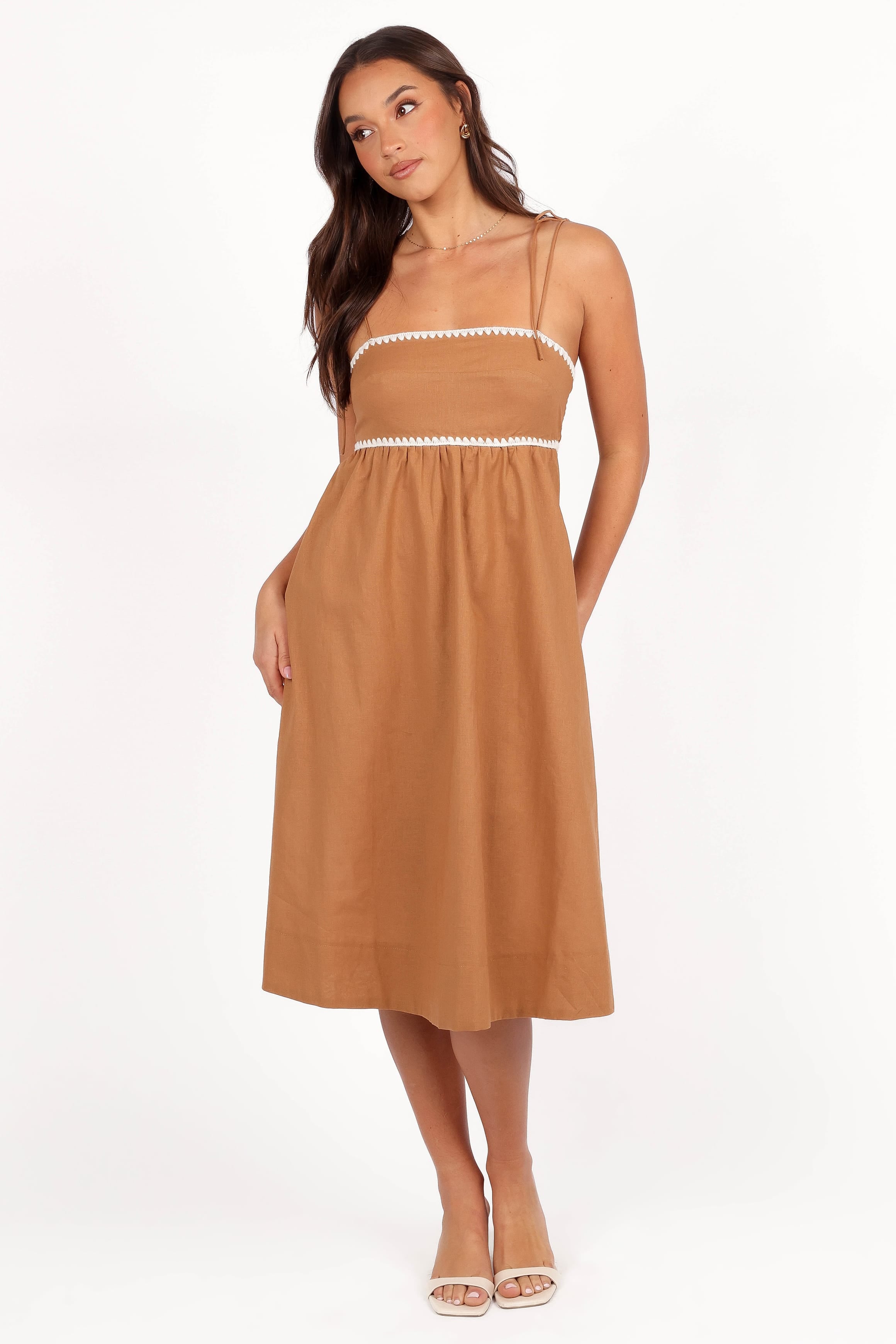 DRESSES Lino Contrast Trim Midi Dress - Tan White
