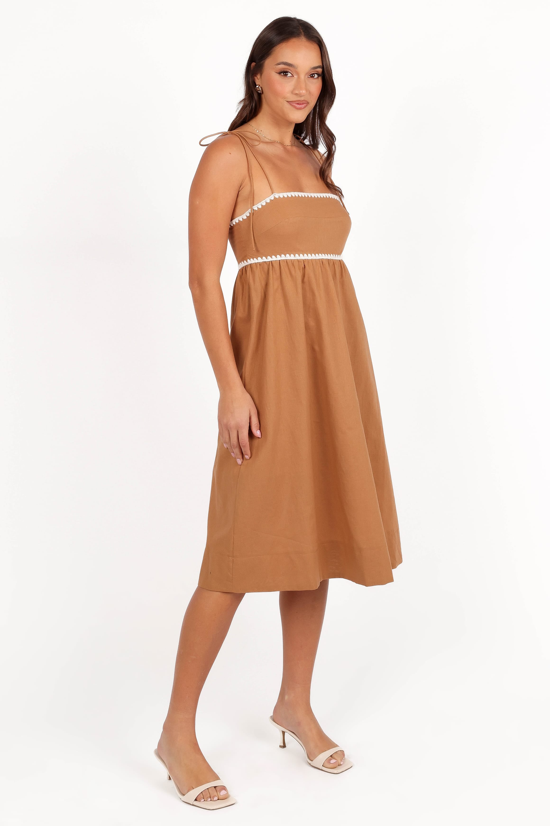 DRESSES Lino Contrast Trim Midi Dress - Tan White