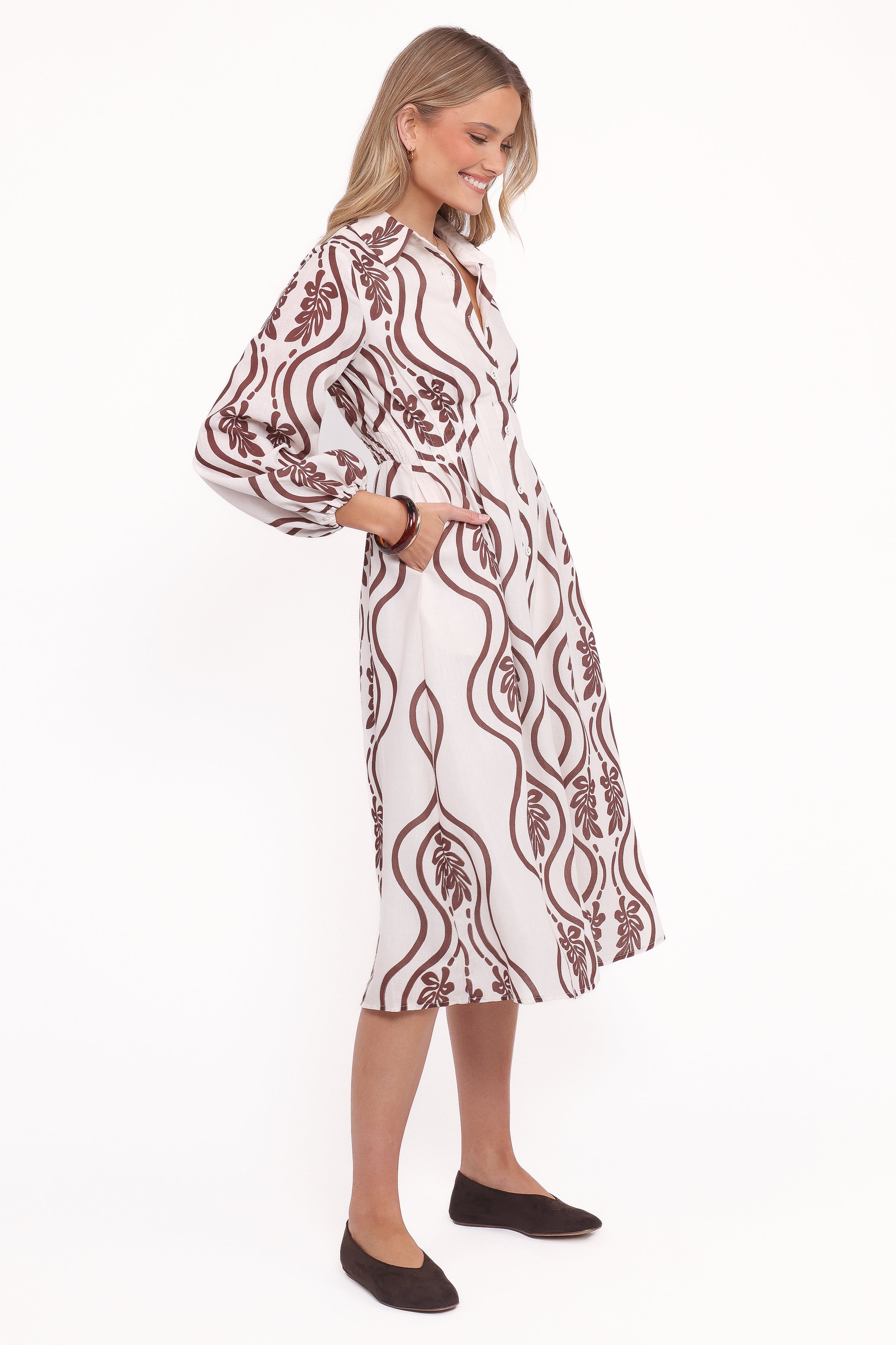 DRESSES Lira Long Sleeve Midi Dress - Brown Print
