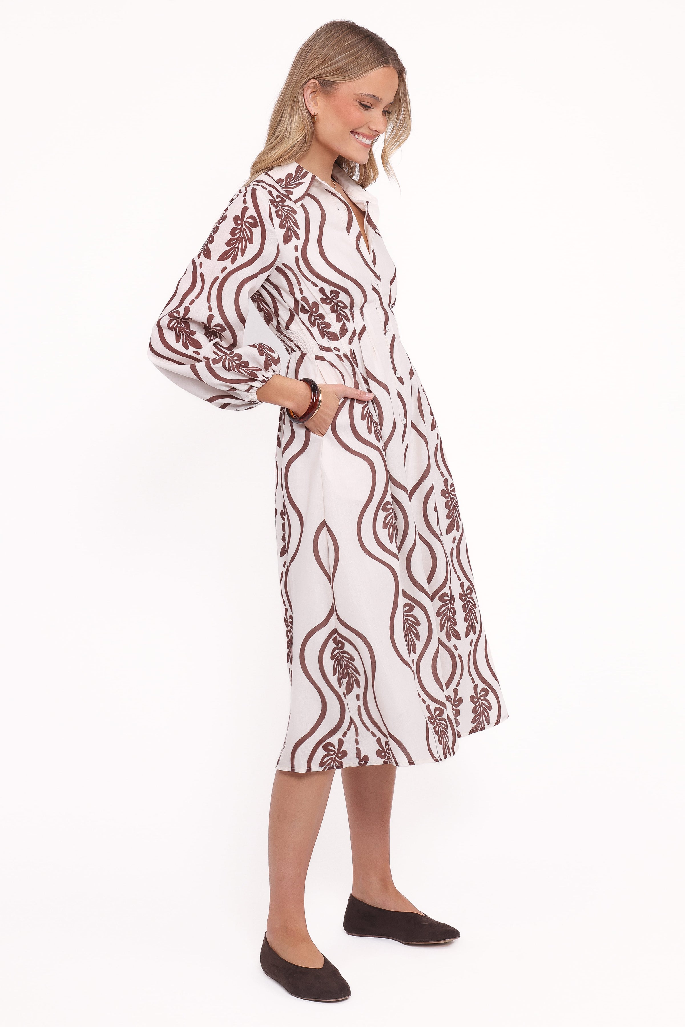 DRESSES Lira Long Sleeve Midi Dress - Brown Print