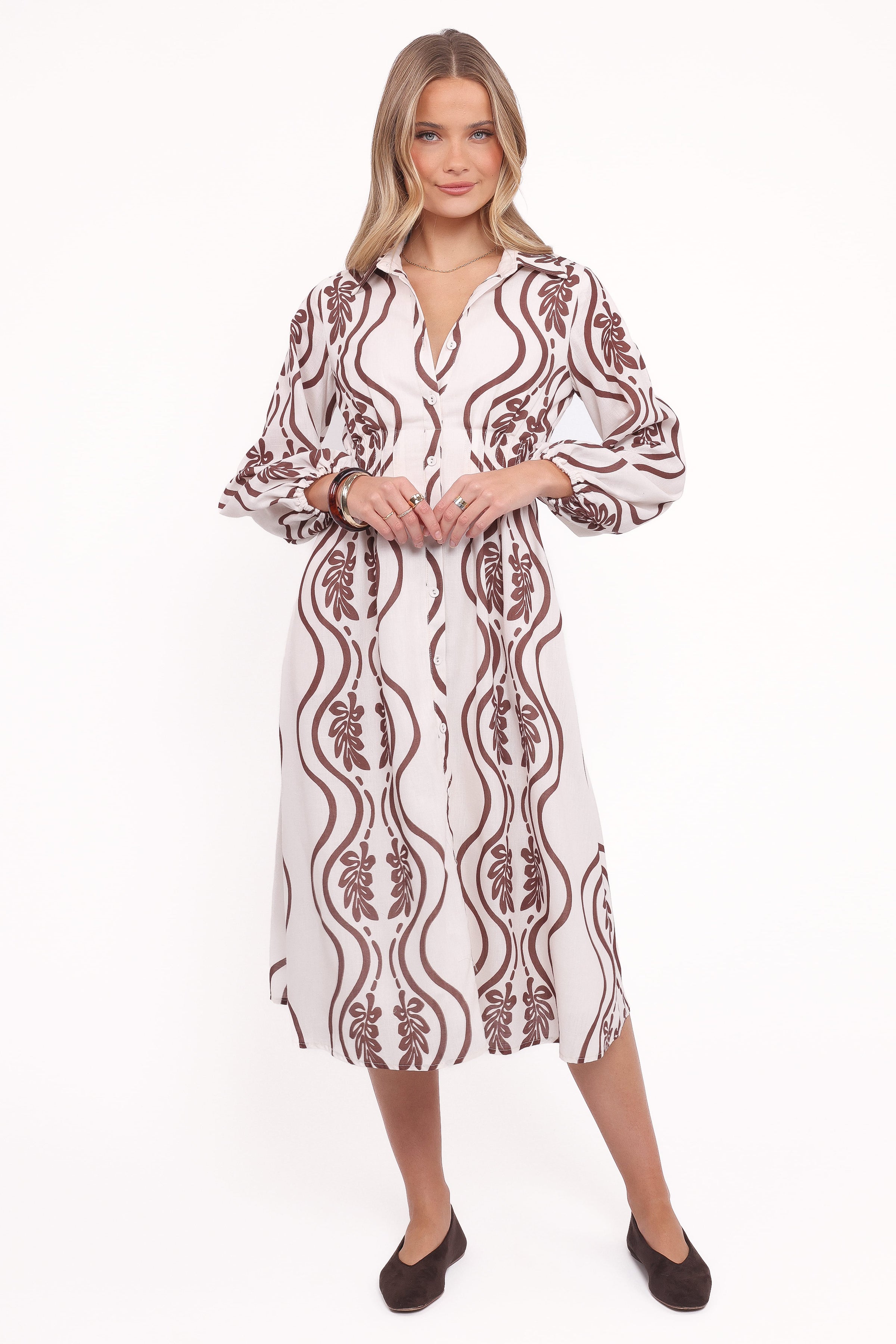 DRESSES Lira Long Sleeve Midi Dress - Brown Print