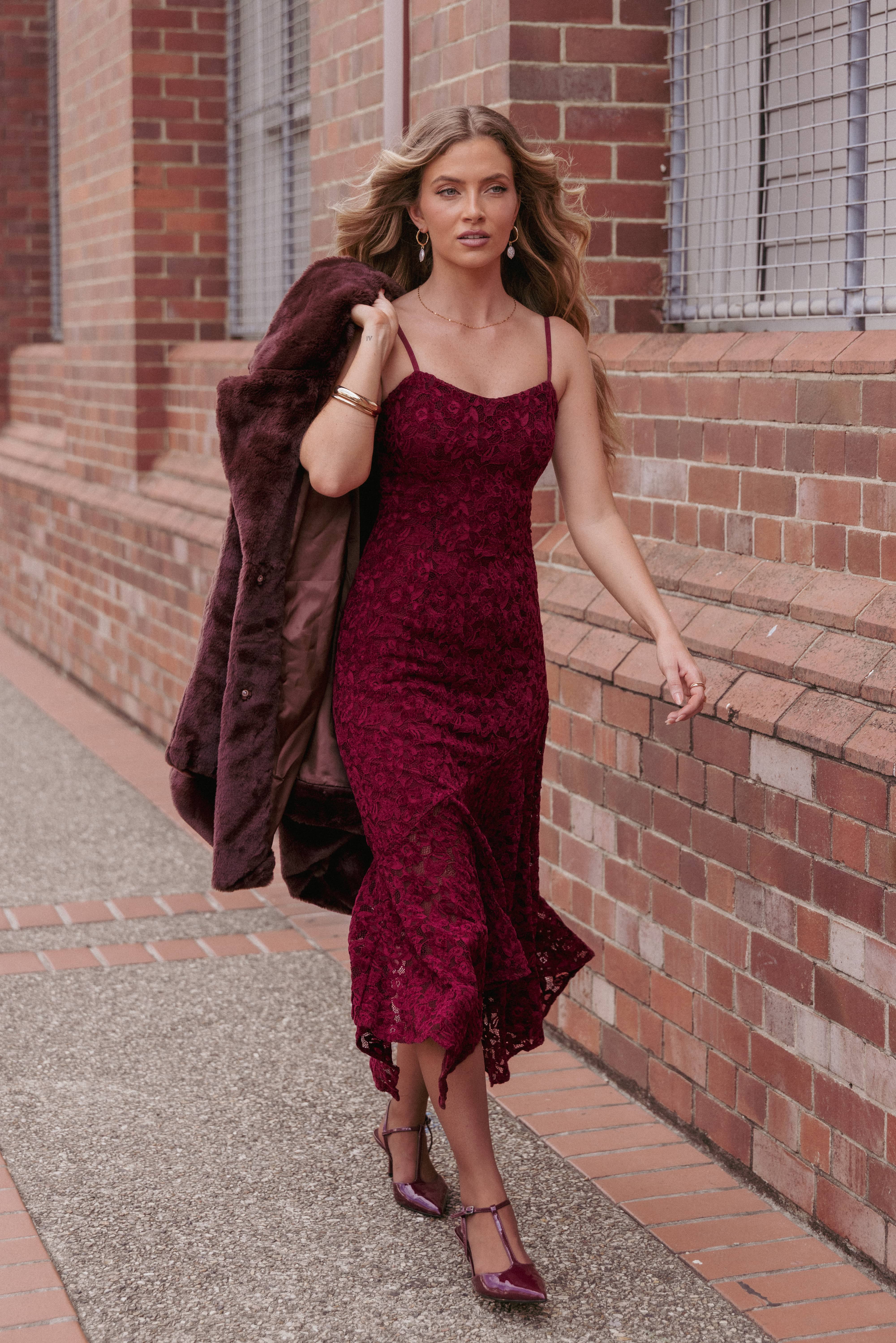 DRESSES Lorde Midi Dress - Burgundy Lace