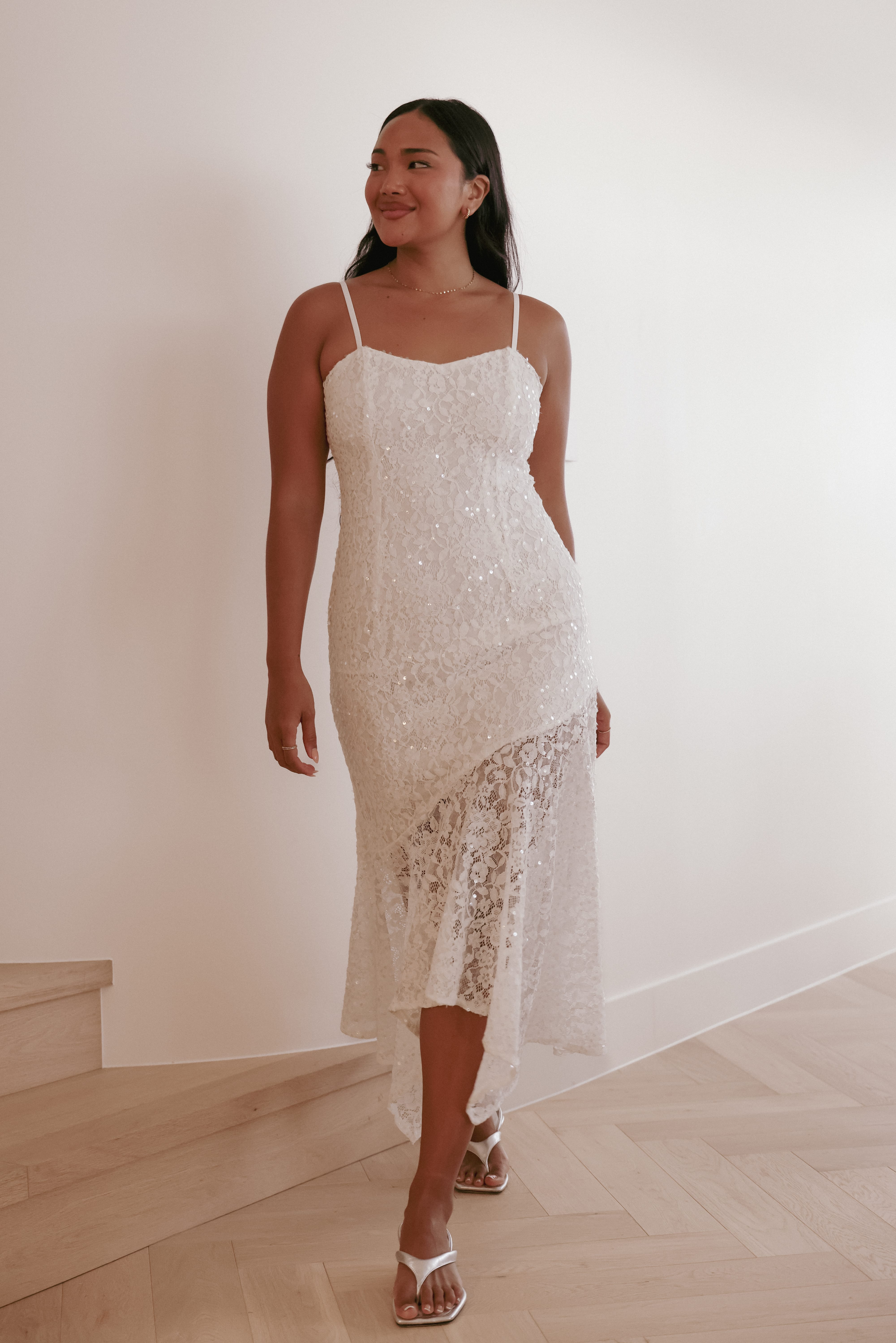 DRESSES Lorde Midi Dress - White Lace Sequin
