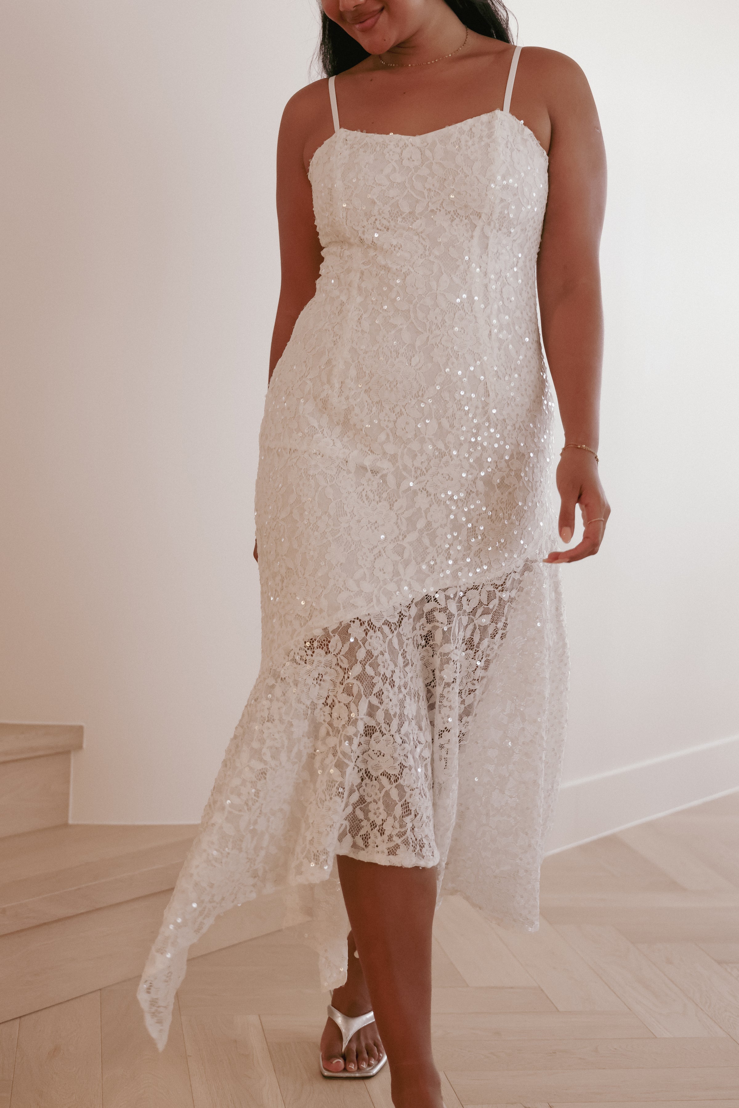 DRESSES Lorde Midi Dress - White Lace Sequin