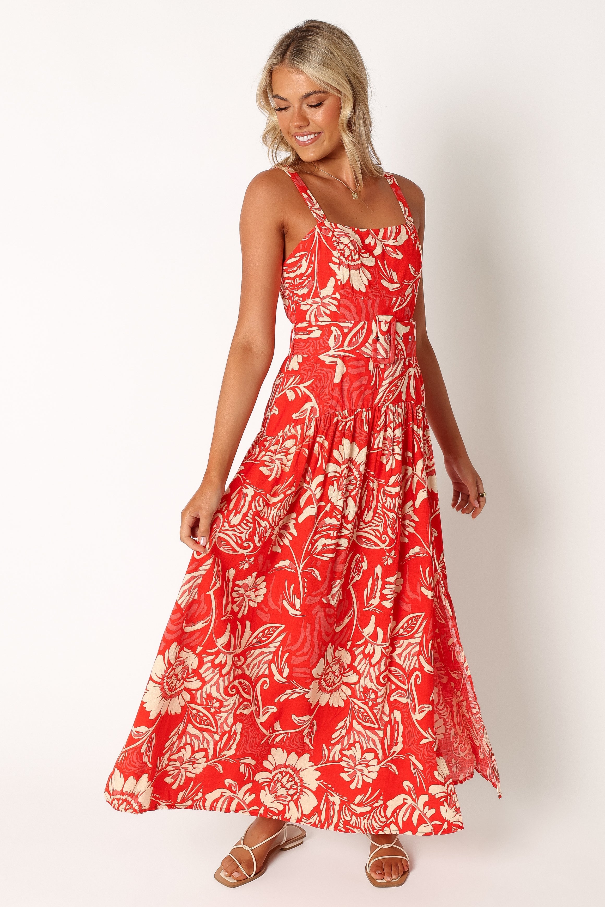 DRESSES @Loretta Belted Midi Dress - Red Floral