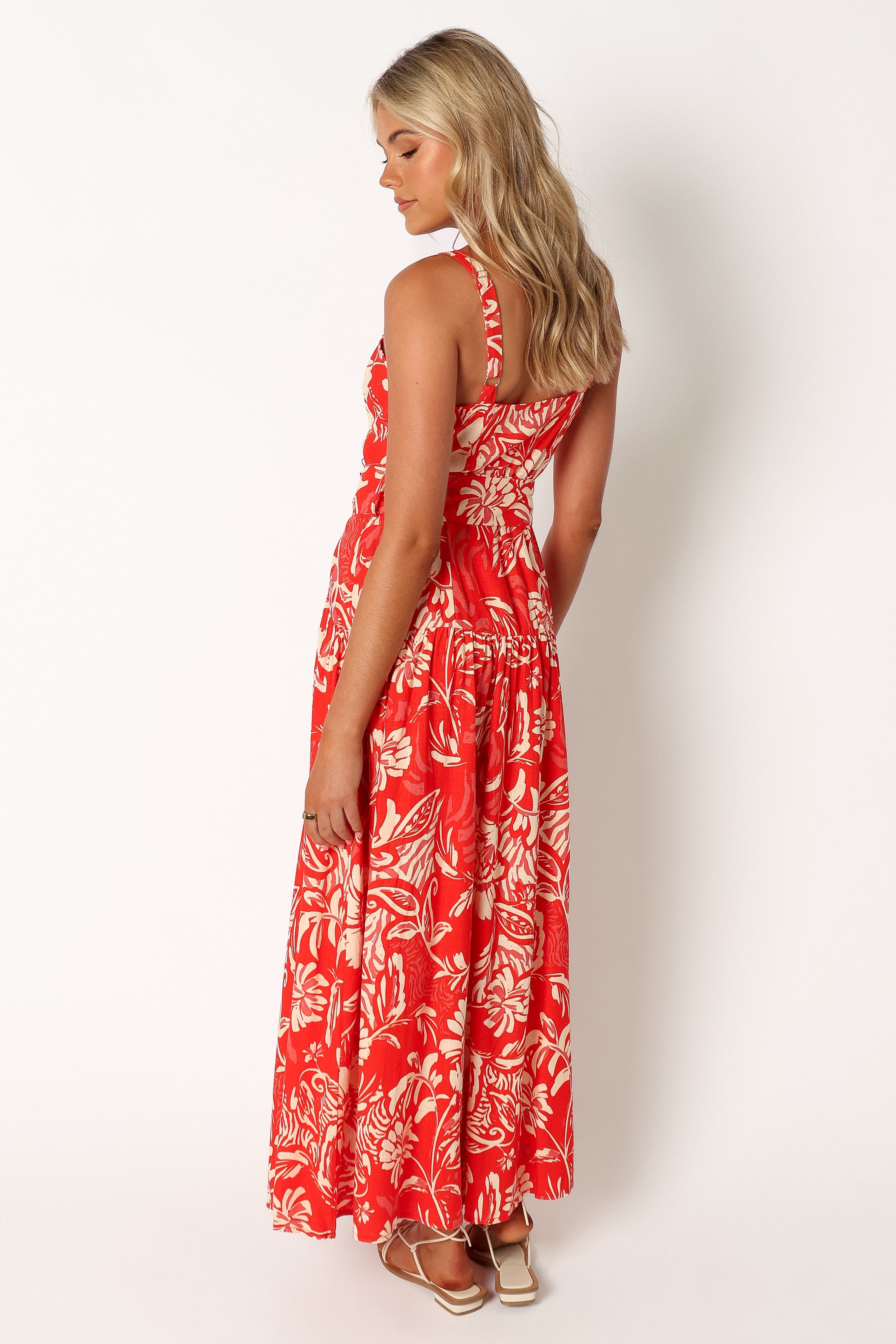 DRESSES @Loretta Belted Midi Dress - Red Floral