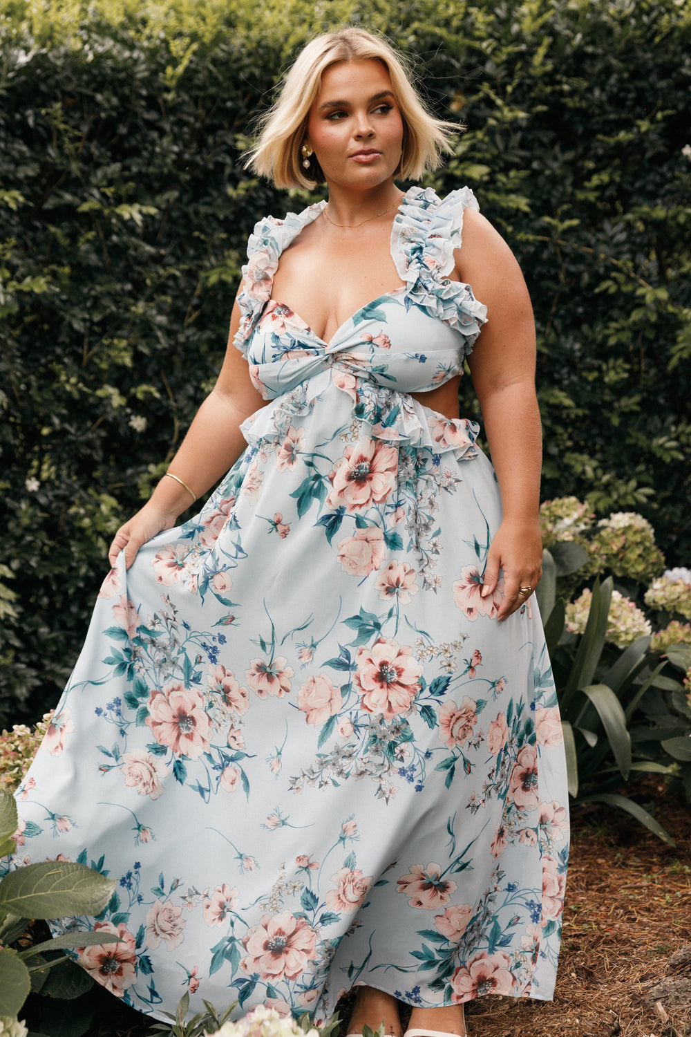 Lucah Frill Shoulder Maxi Dress - Blue Floral - View 3 | Shop Formal Dress