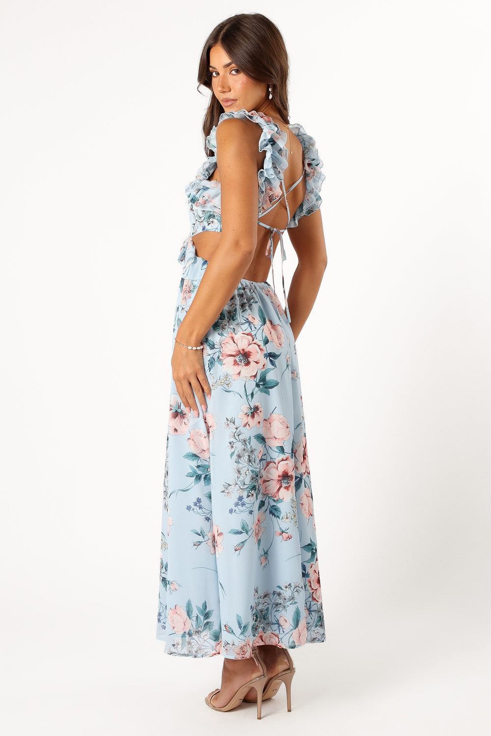 Lucah Frill Shoulder Maxi Dress - Blue Floral - View 6 | Shop Formal Dress