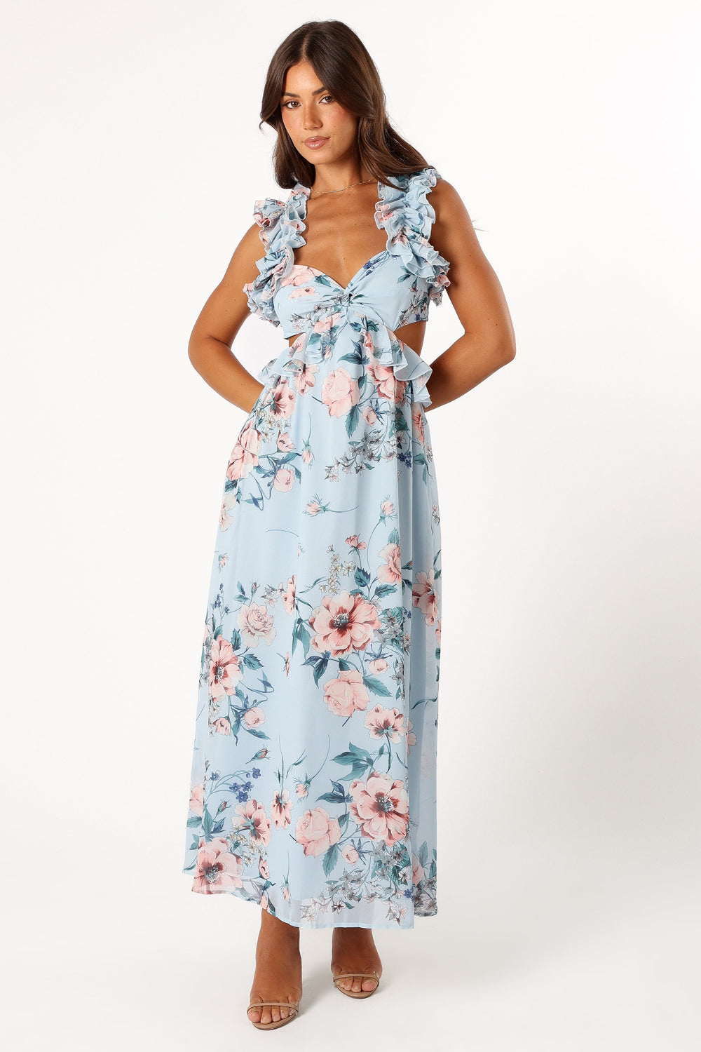 Lucah Frill Shoulder Maxi Dress - Blue Floral - View 5 | Shop Formal Dress
