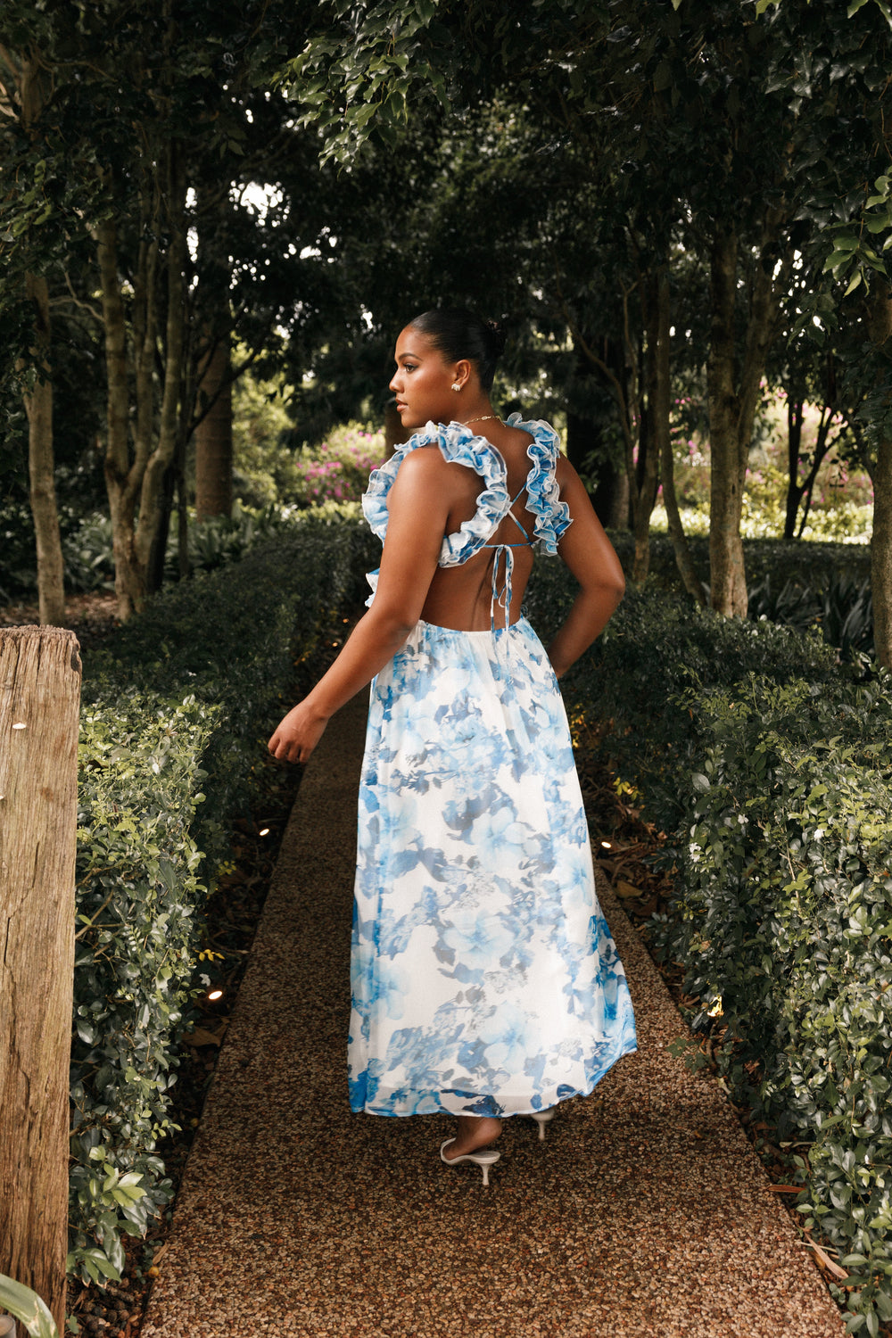 Lucah Frill Shoulder Maxi Dress - Blue White Floral - View 3 | Shop Formal Dress