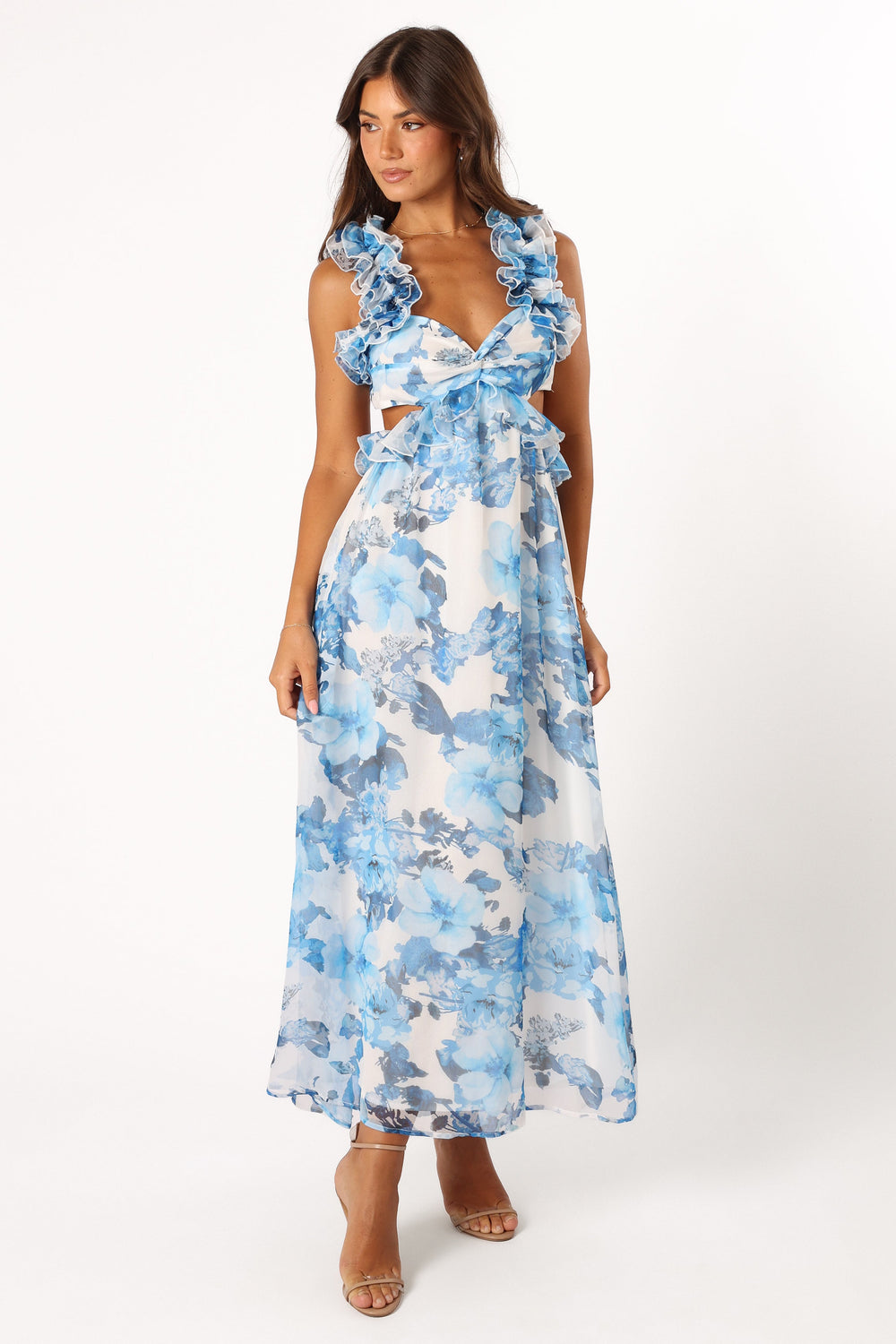 Lucah Frill Shoulder Maxi Dress - Blue White Floral - View 5 | Shop Formal Dress