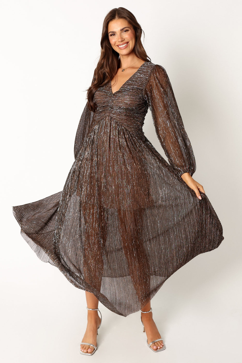 Shop Formal Dress - Lustre Long Sleeve Midi Dress - Bronze sixth image