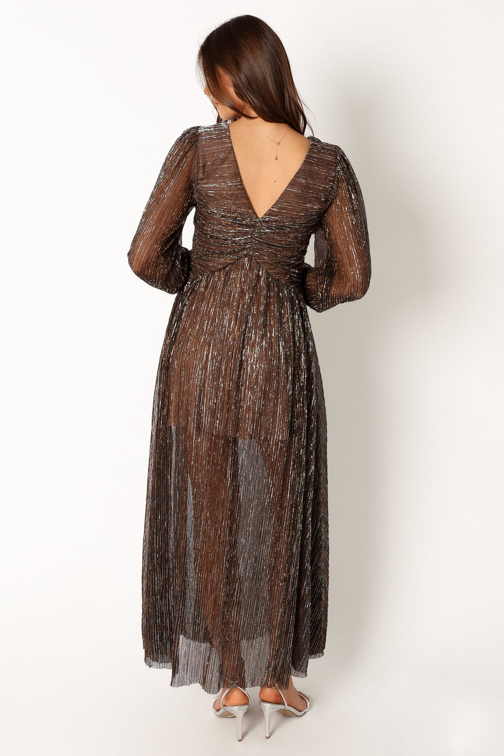 Shop Formal Dress - Lustre Long Sleeve Midi Dress - Bronze fourth image