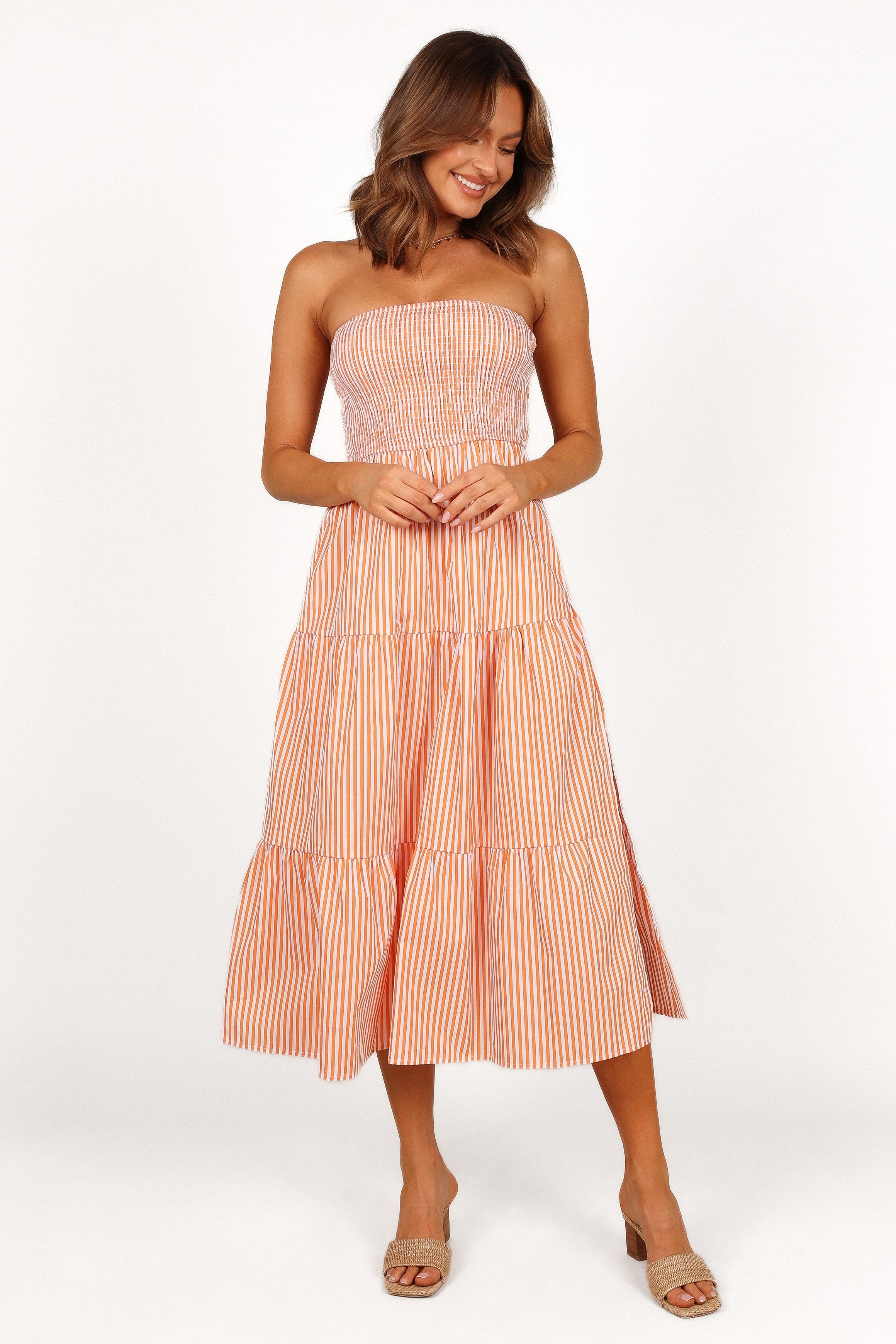 DRESSES Maisie Strapless Midi Dress - Orange Stripe
