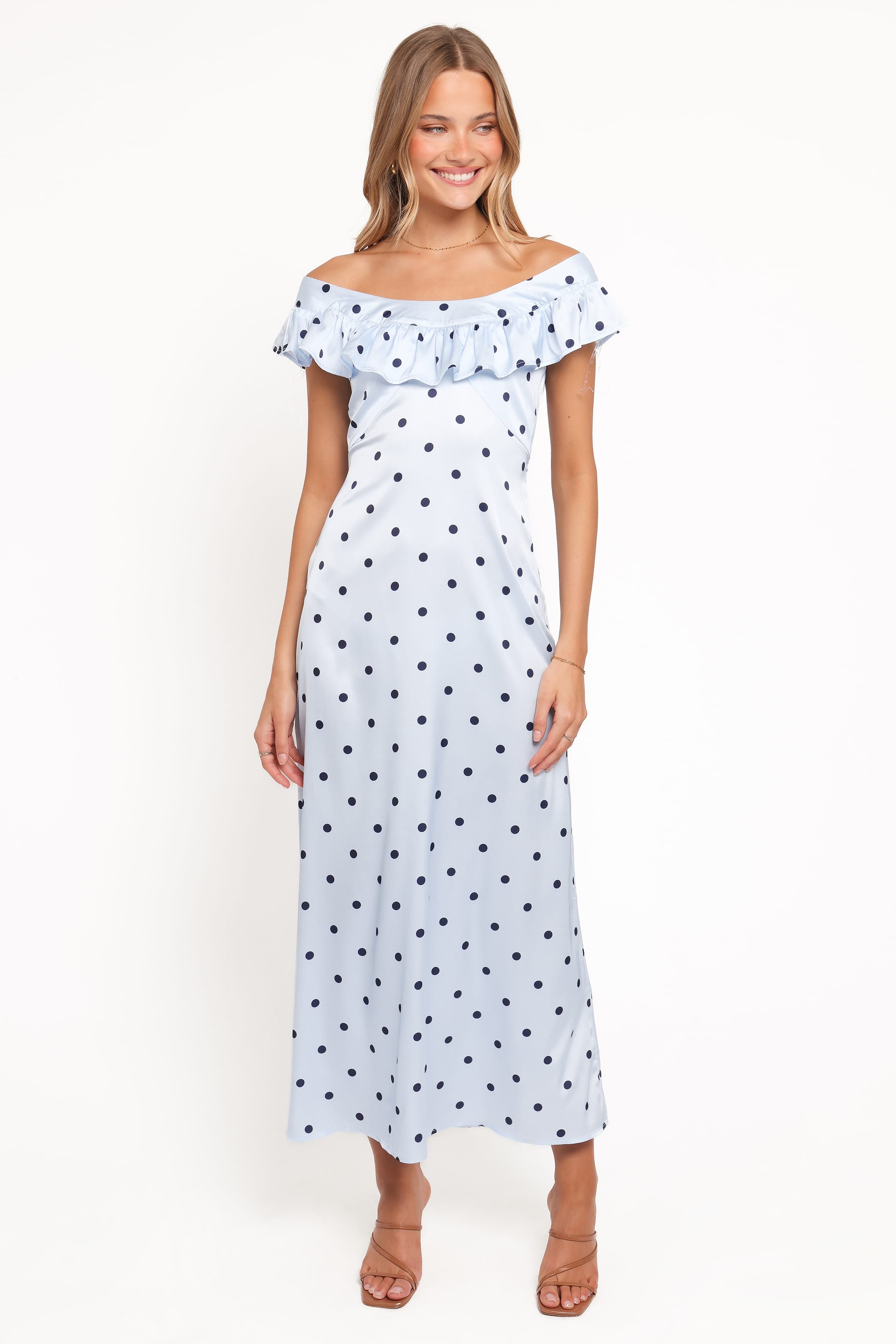 DRESSES Manaris Off Shoulder Maxi Dress - Blue Polka Dot