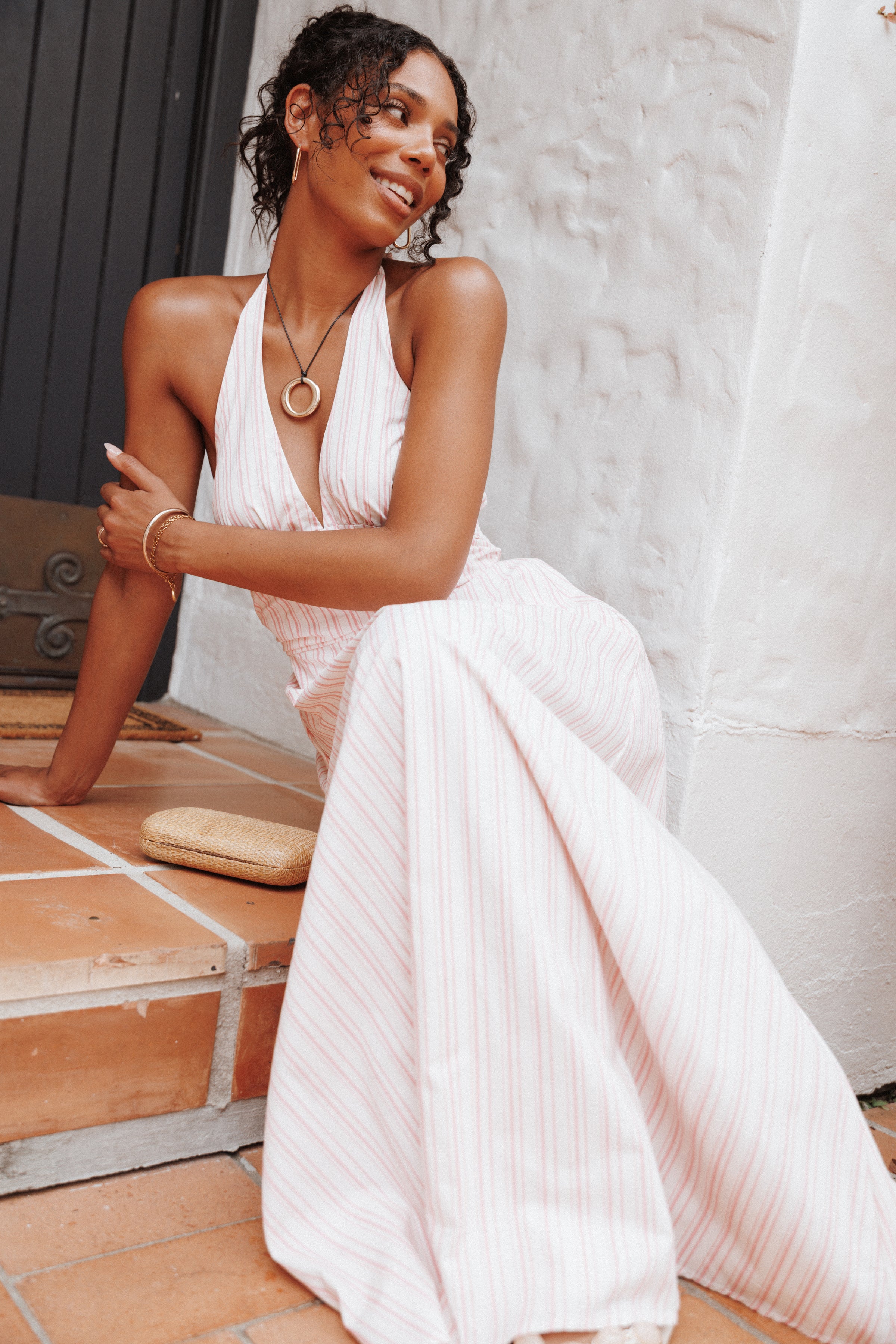 DRESSES Marie Halterneck Maxi Dress - Pink Stripe