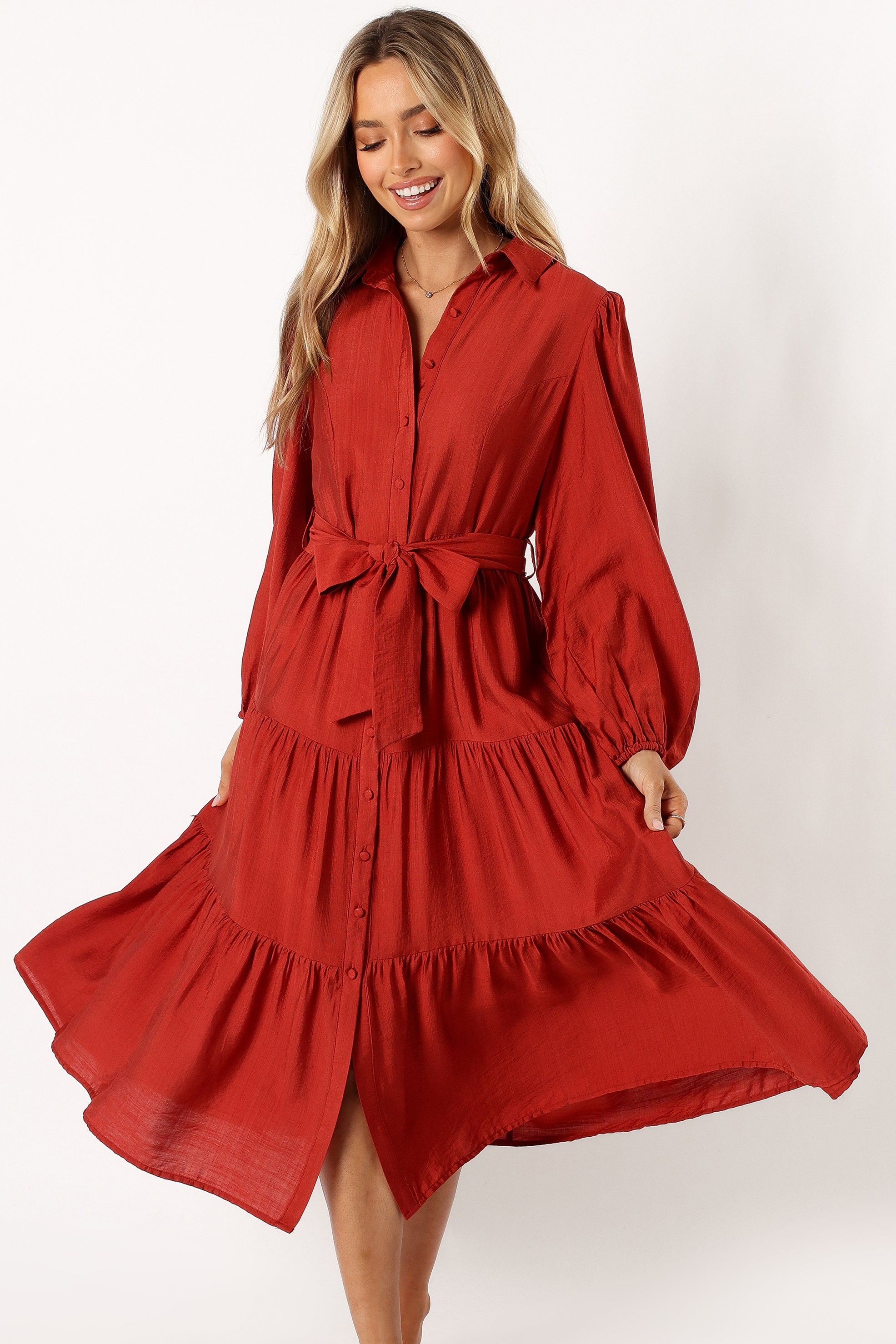 DRESSES @Mattie Long Sleeve Midi Dress - Rust