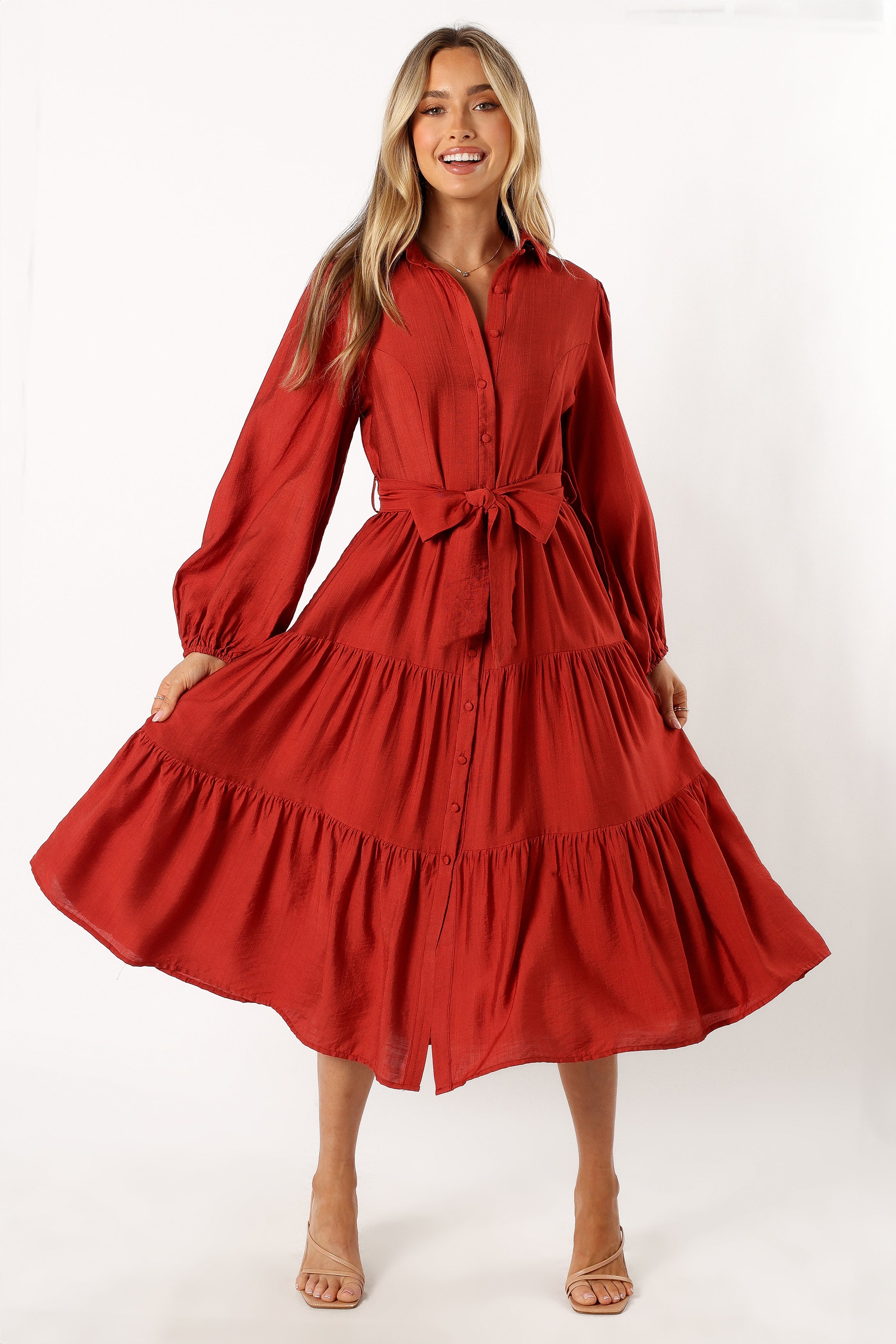 DRESSES @Mattie Long Sleeve Midi Dress - Rust