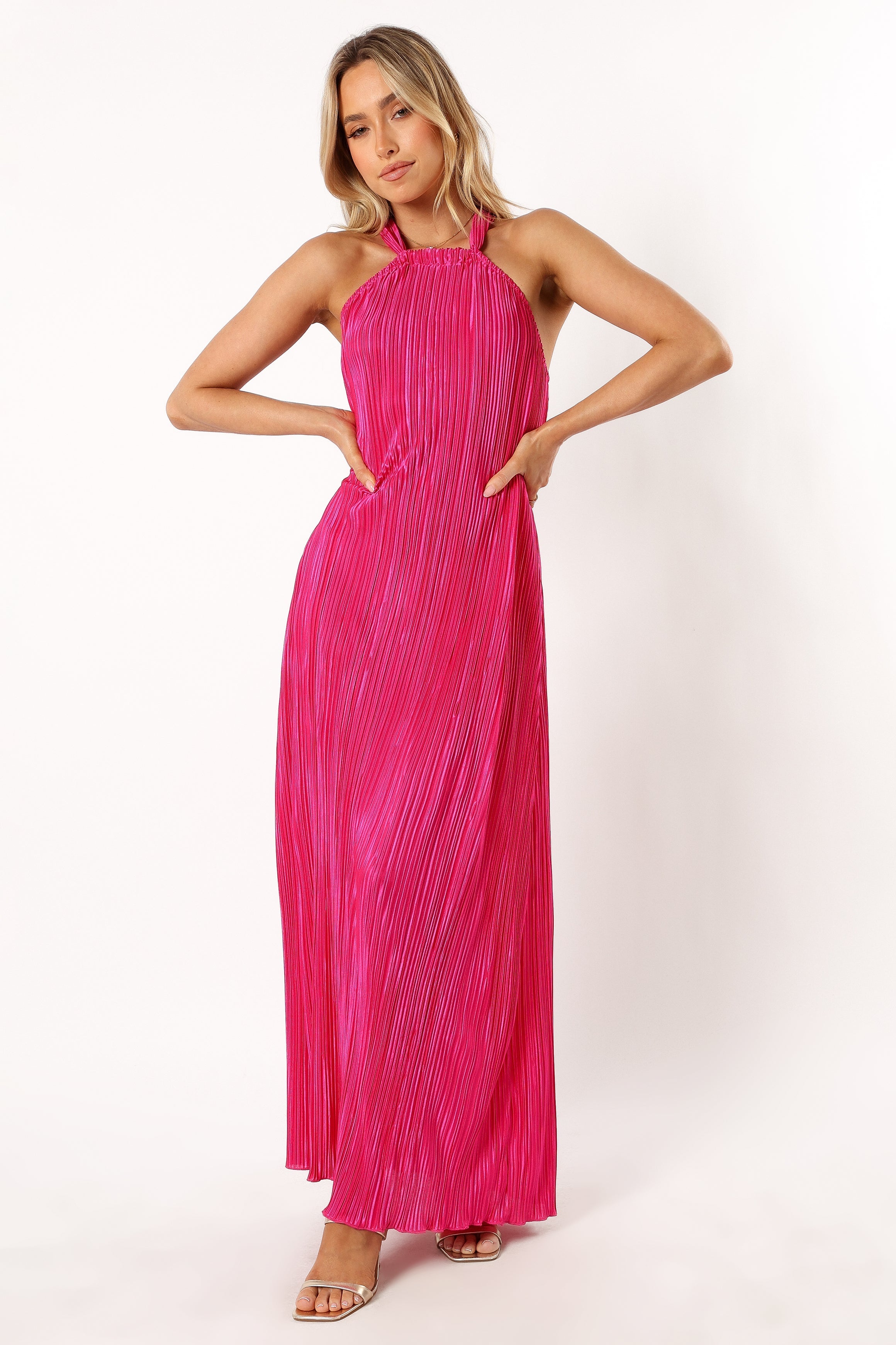 DRESSES @Melody Halterneck Plisse Midi Dress - Pink