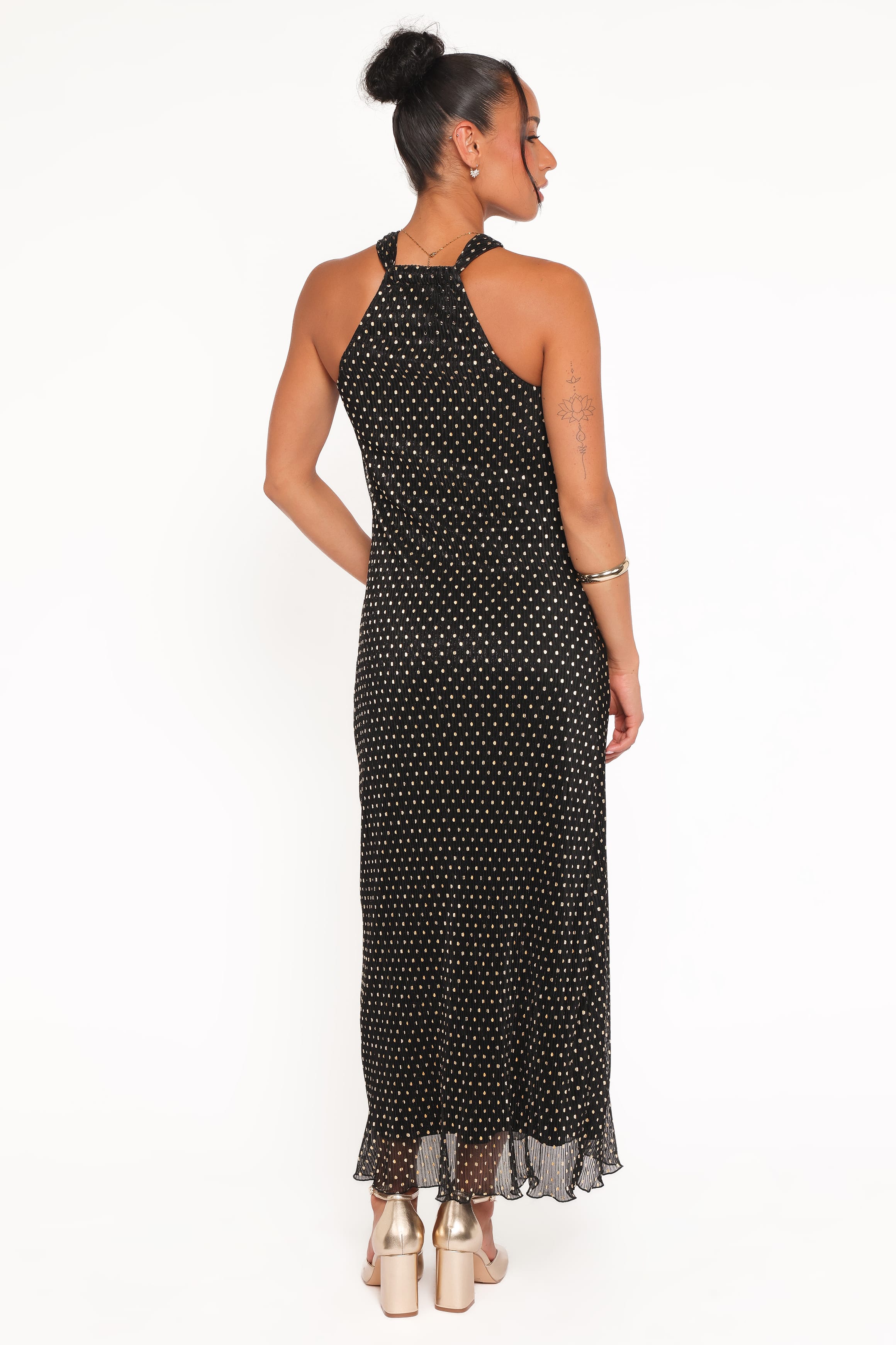 DRESSES Melody Plisse Halter Maxi Dress - Black/Gold Polka Dot