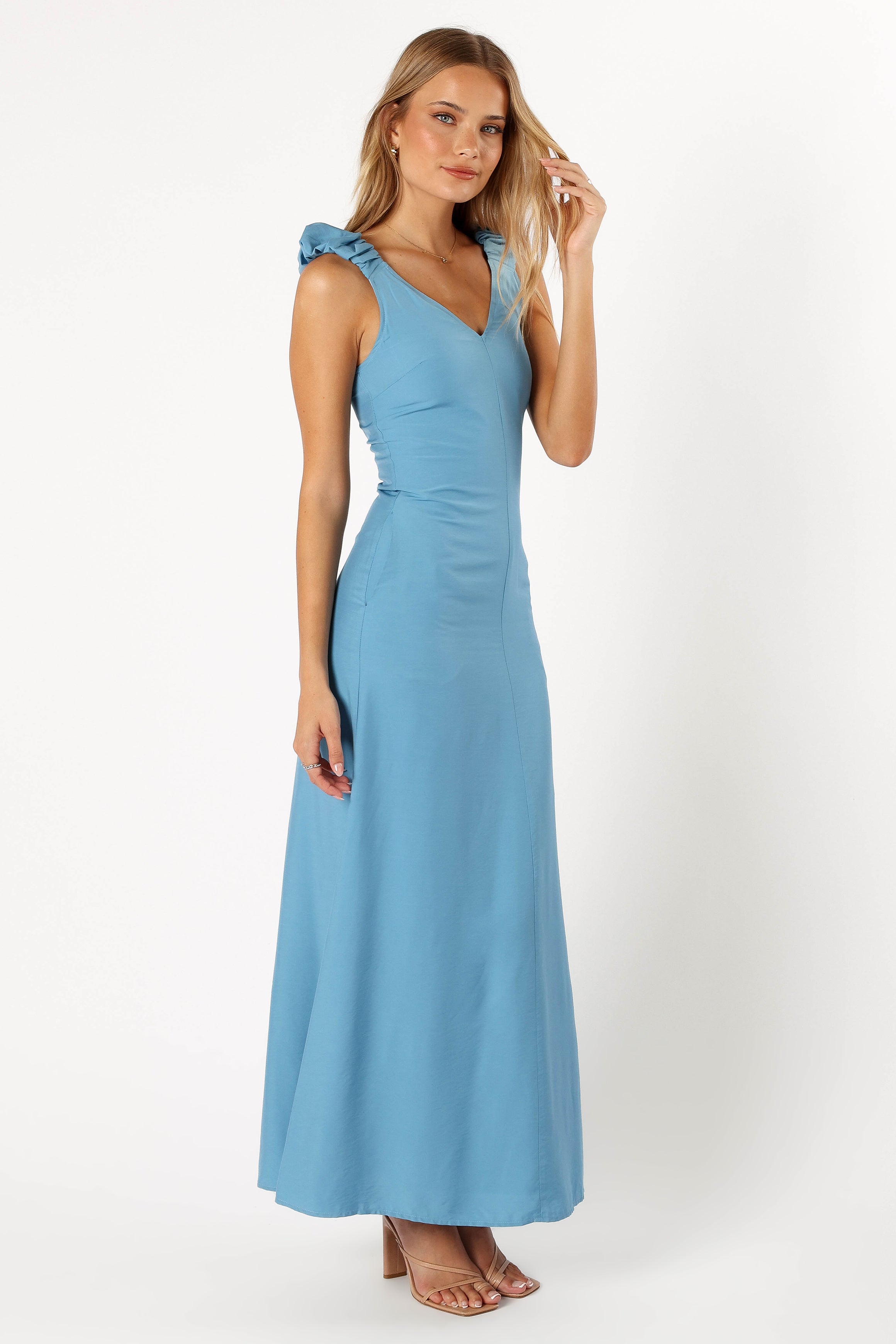 DRESSES @Michael Ruched Strap Maxi Dress - Blue