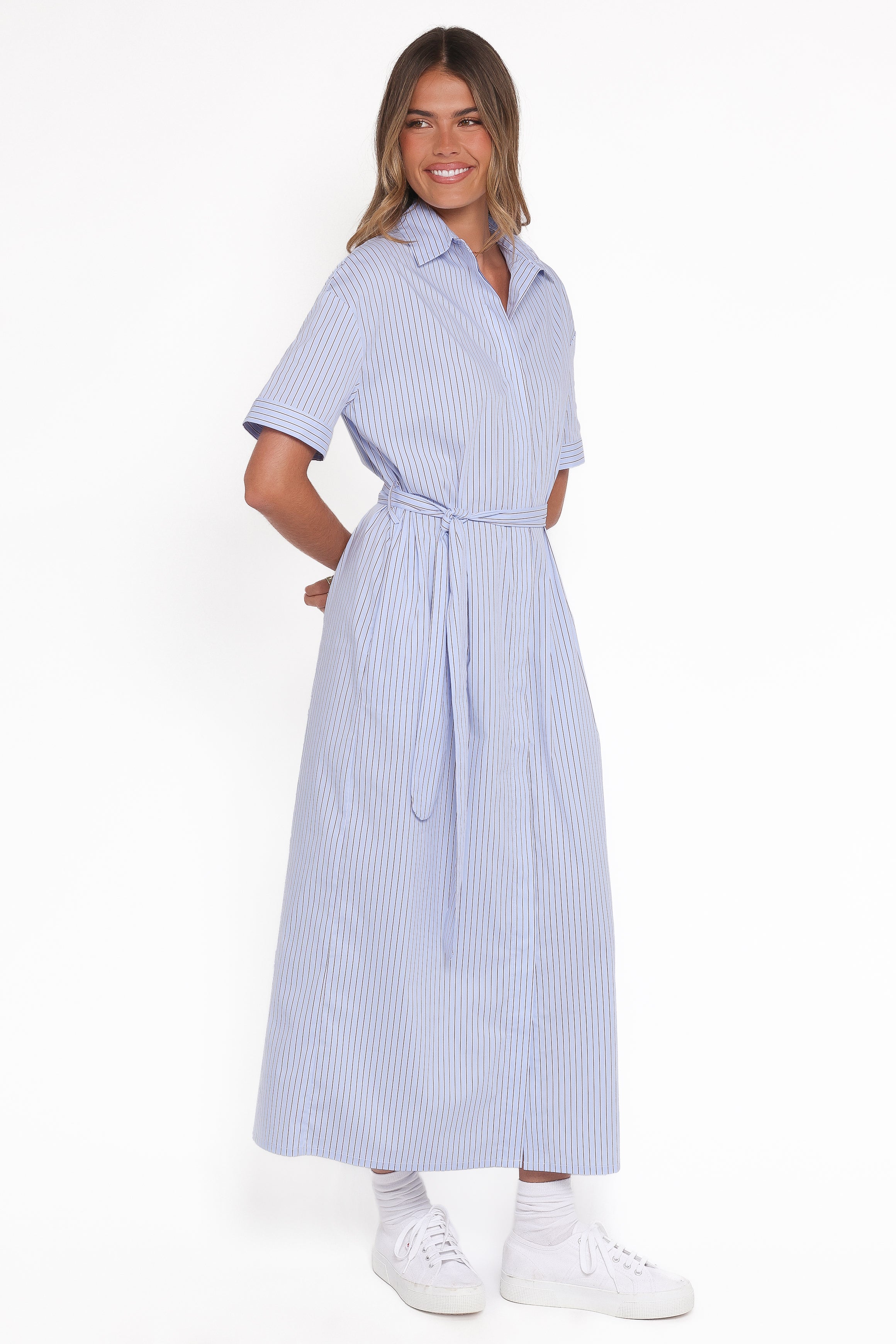 DRESSES Morrison Short Sleeve Shirt Dress - Blue Brown Stripe