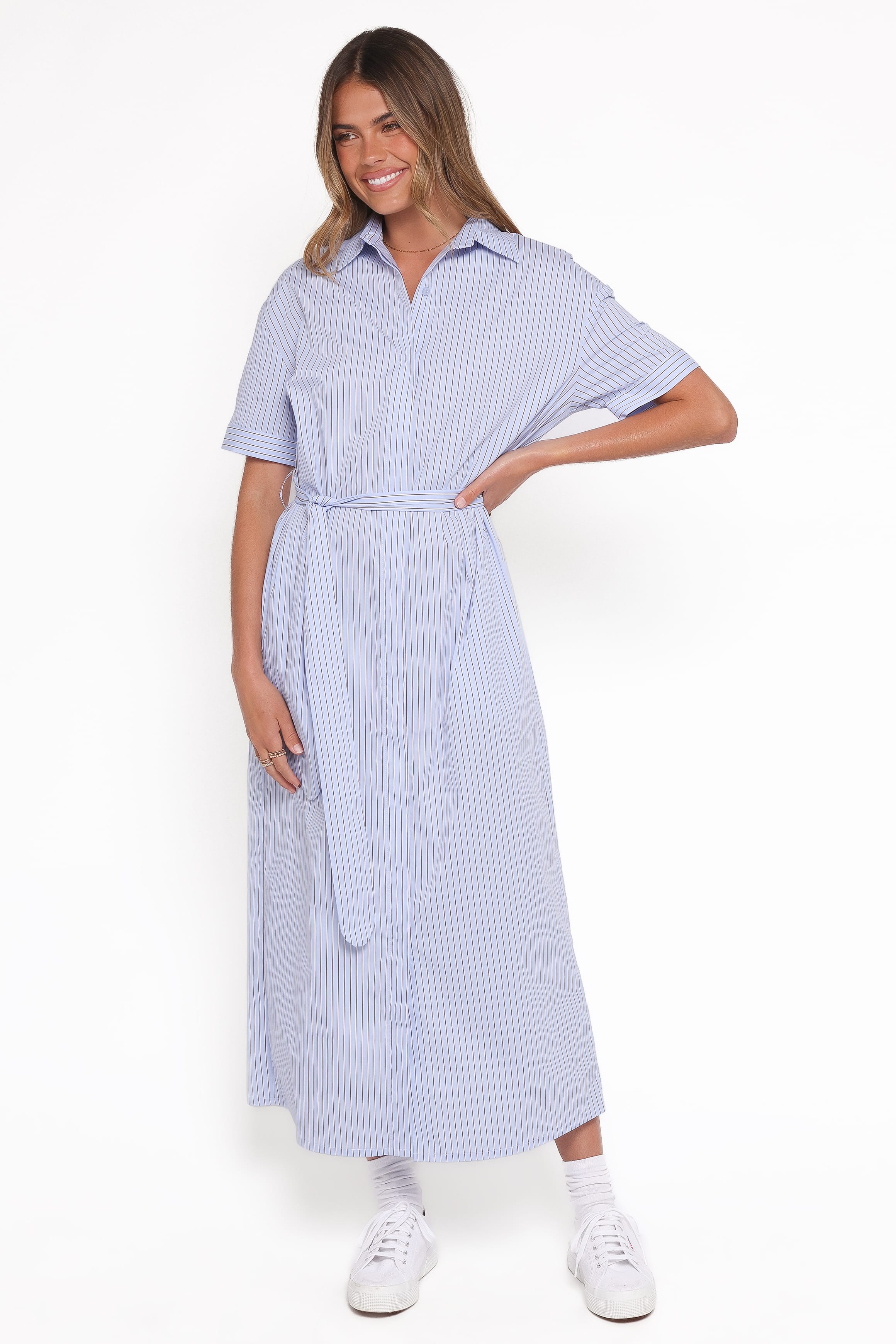 DRESSES Morrison Short Sleeve Shirt Dress - Blue Brown Stripe