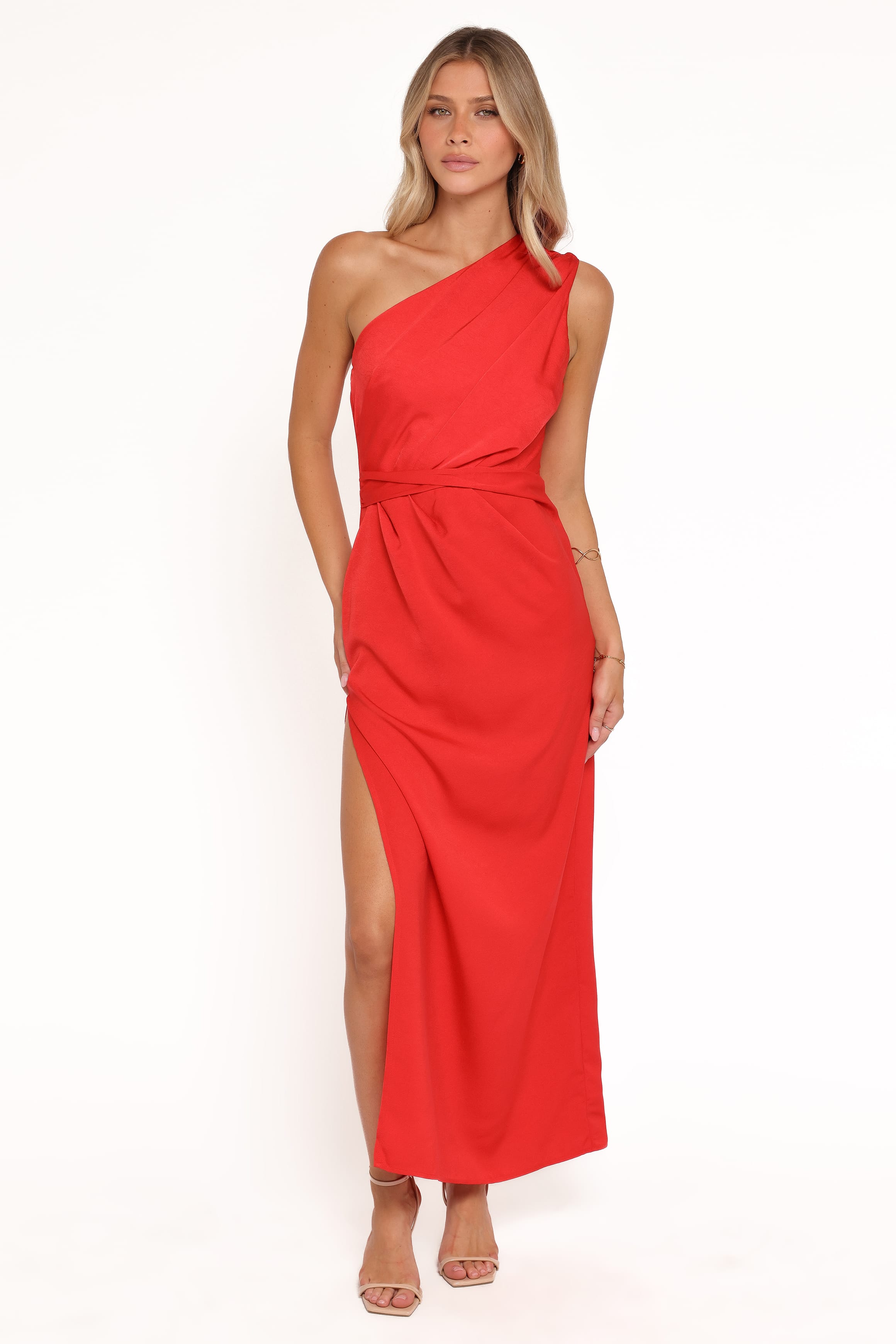 DRESSES Nadia One Shoulder Maxi Dress - Red Jacquard Satin