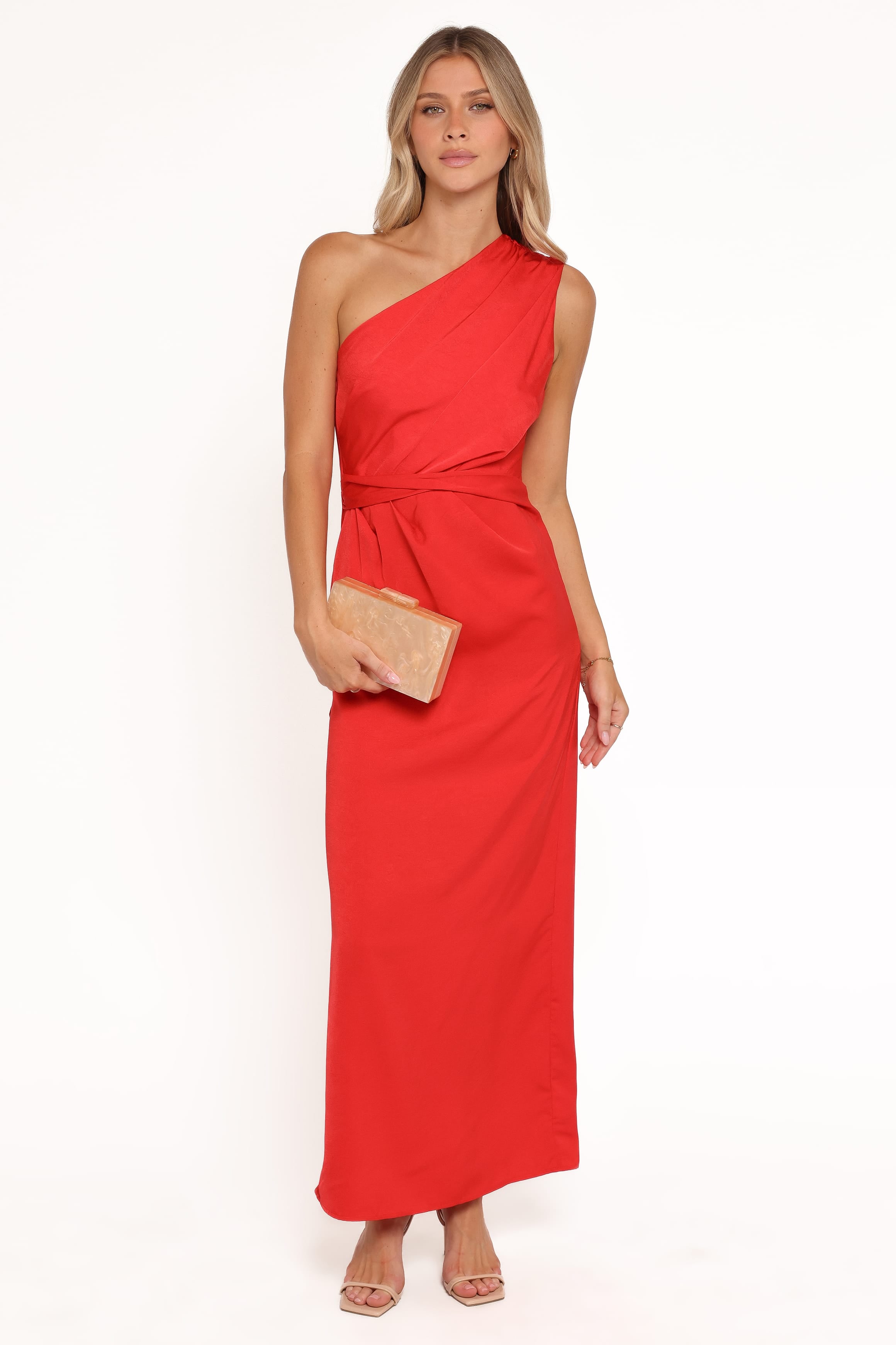DRESSES Nadia One Shoulder Maxi Dress - Red Jacquard Satin