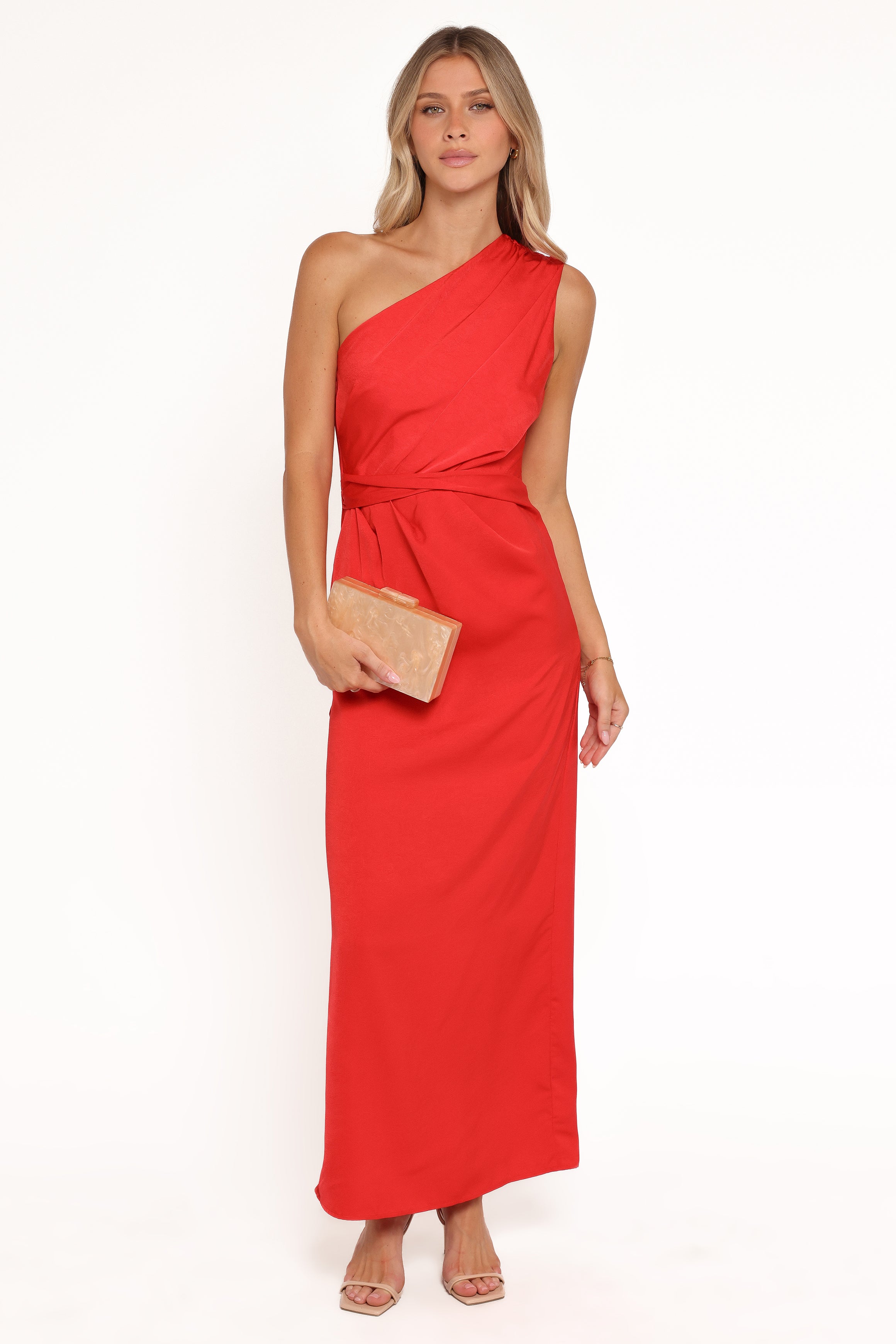 DRESSES Nadia One Shoulder Maxi Dress - Red Jacquard Satin