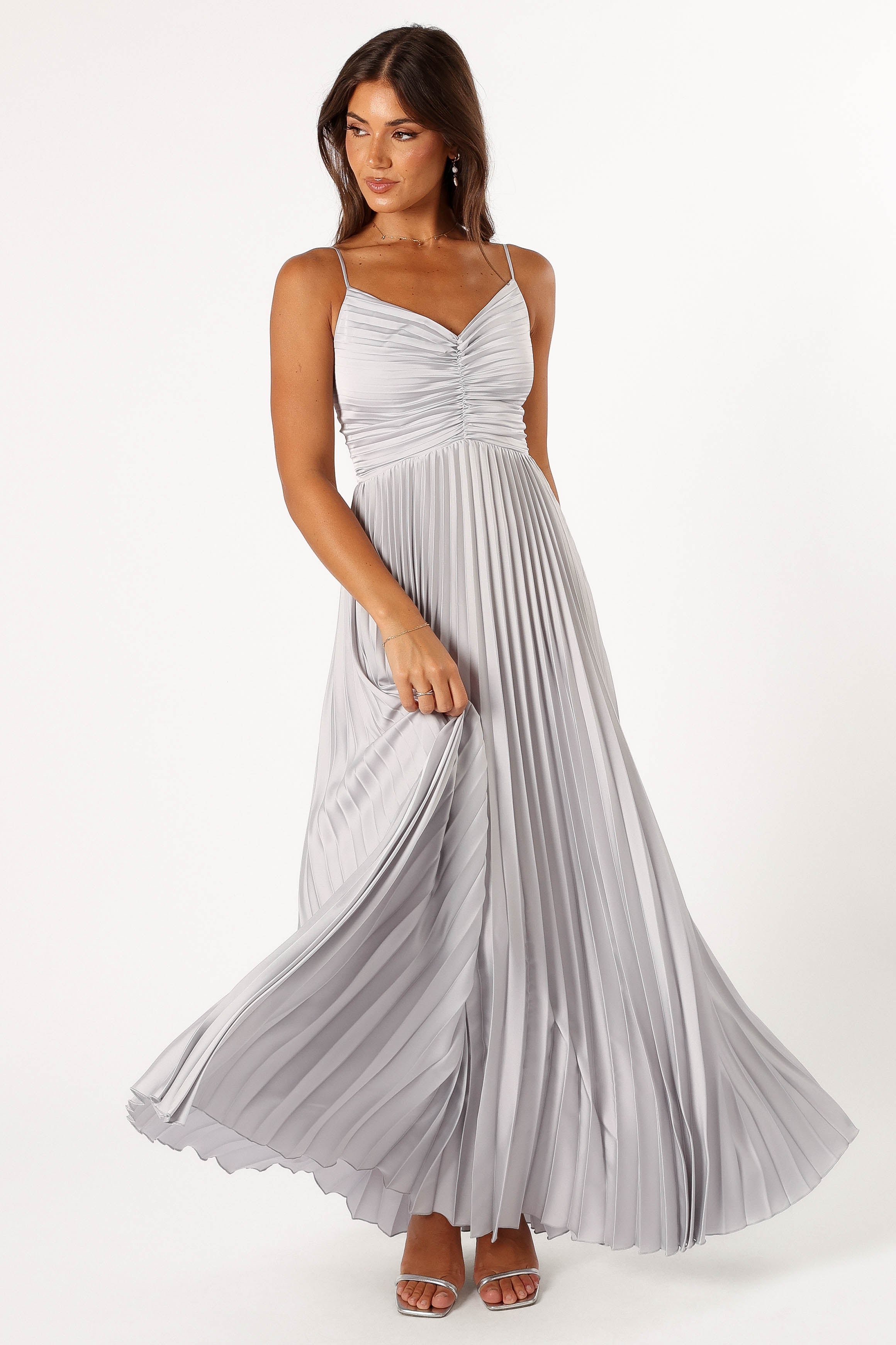 DRESSES @Naira Pleated Maxi Dress - Silver