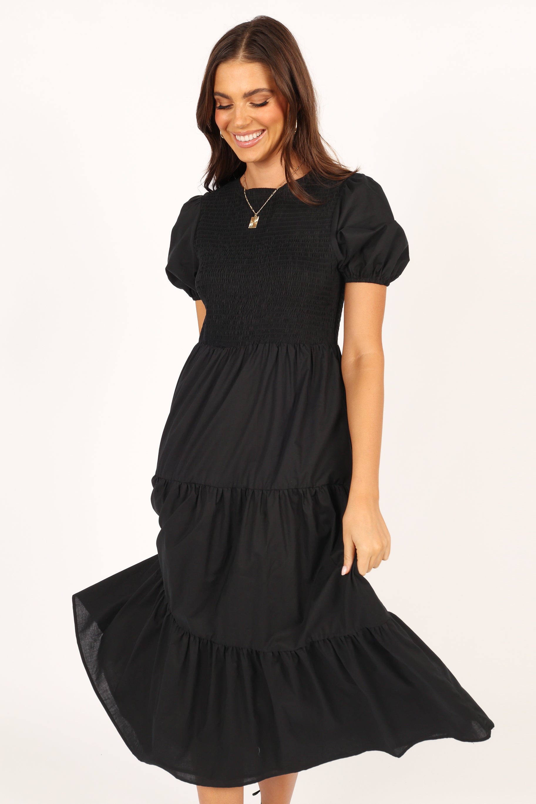 Naura Shirred Tiered Midi Dress - Black | Petal & Pup Naura Shirred Tiered Midi Dress - Black | Petal & Pup
