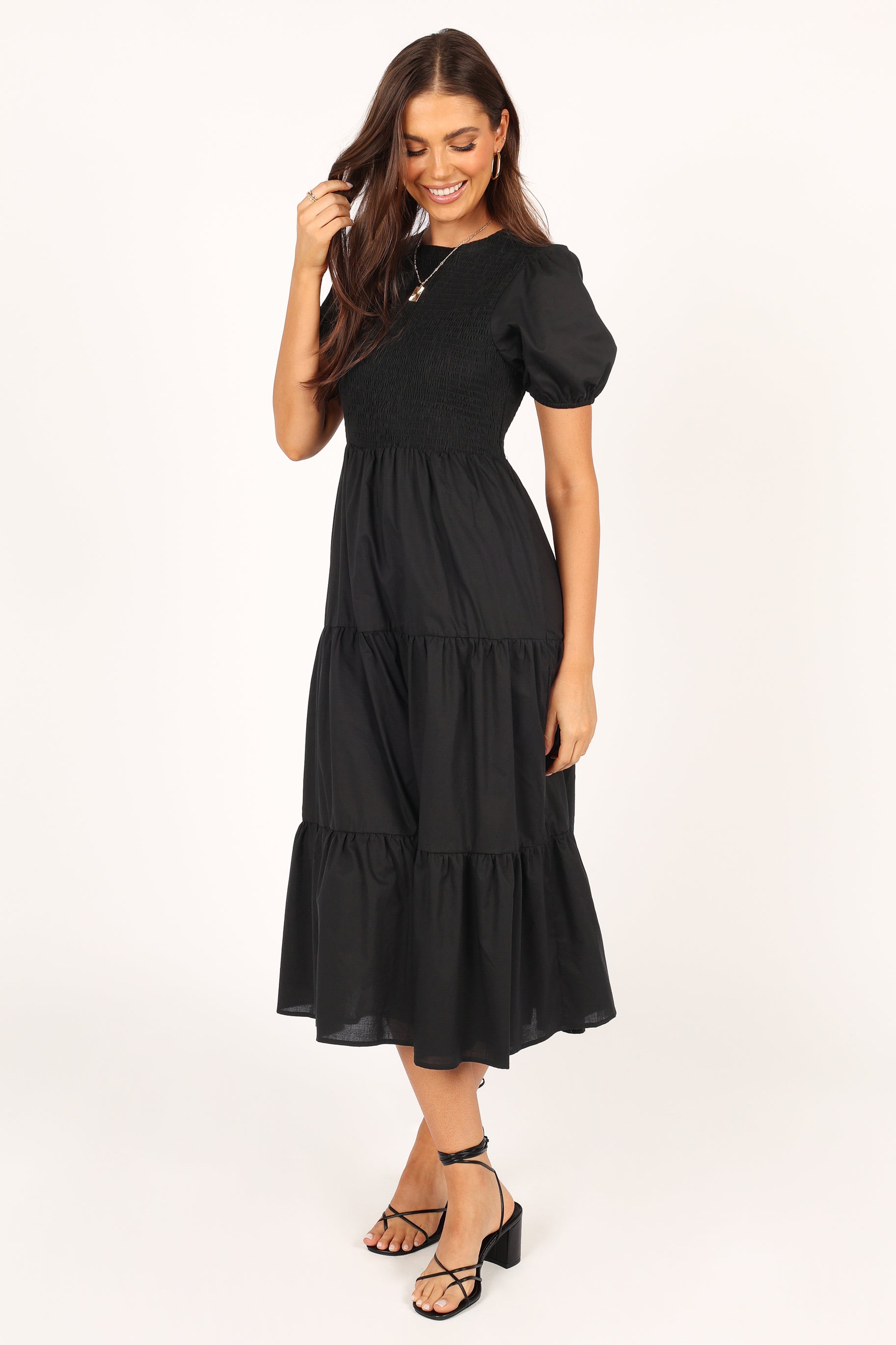DRESSES Naura Shirred Tiered Midi Dress - Black