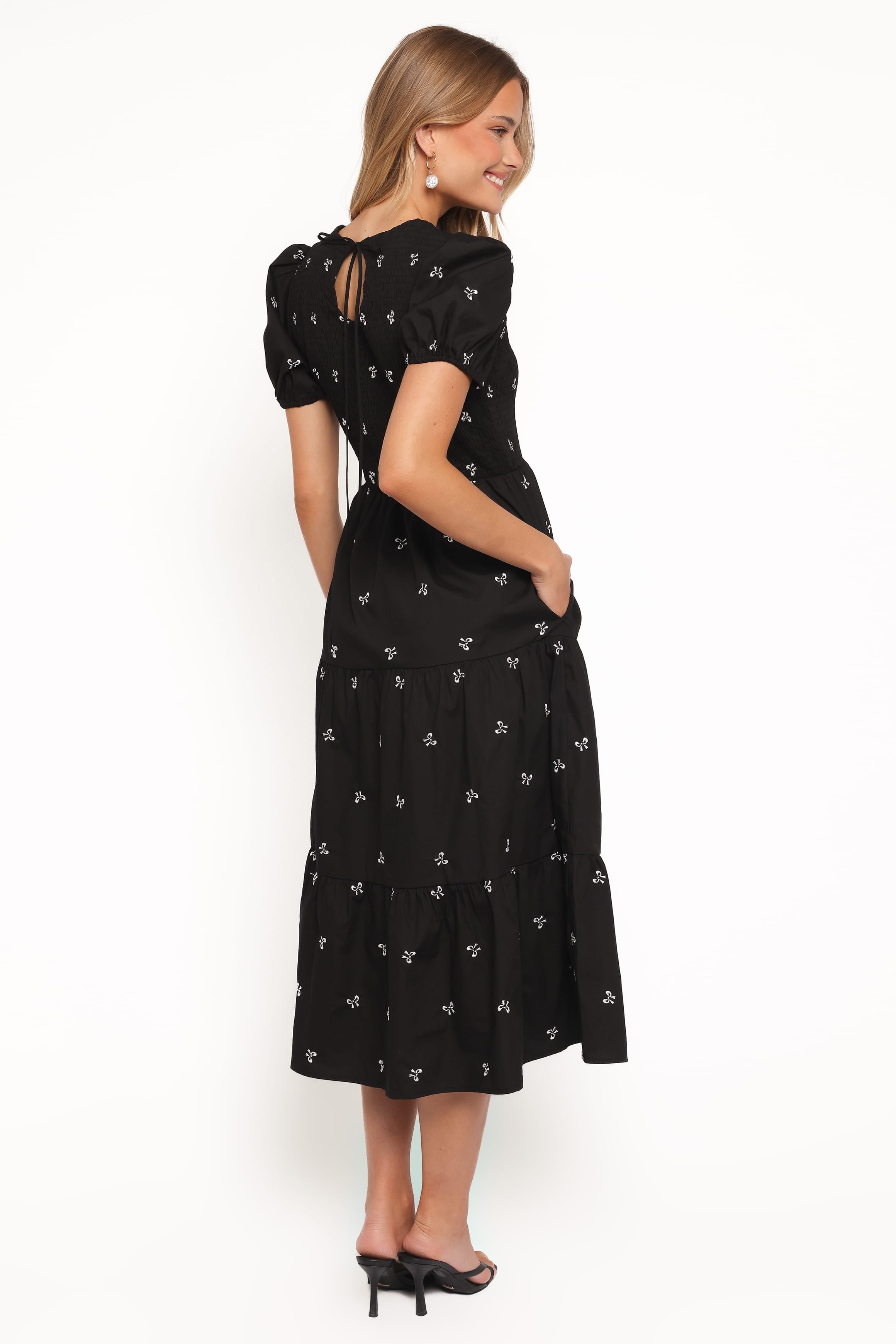 DRESSES Naura Shirred Tiered Midi Dress - Black Bow