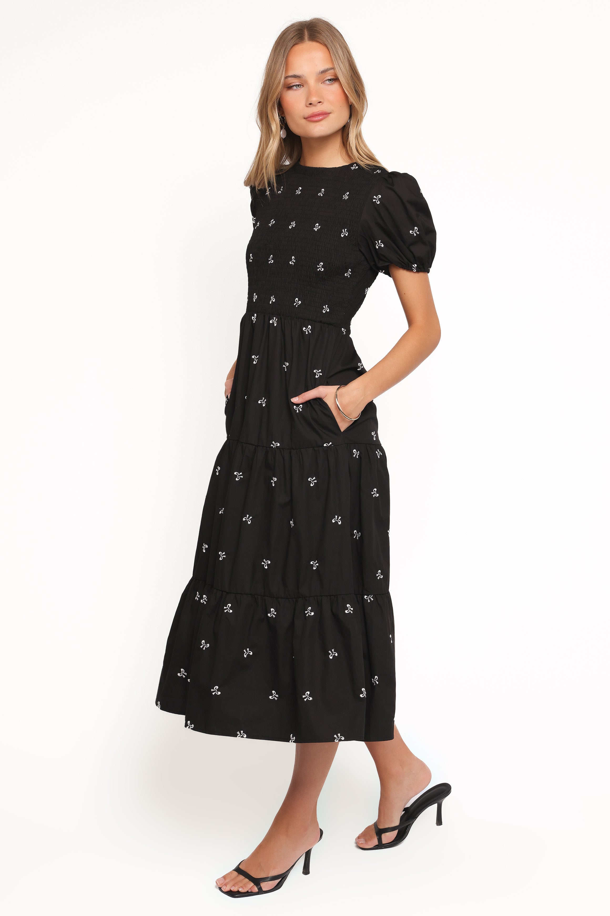 DRESSES Naura Shirred Tiered Midi Dress - Black Bow