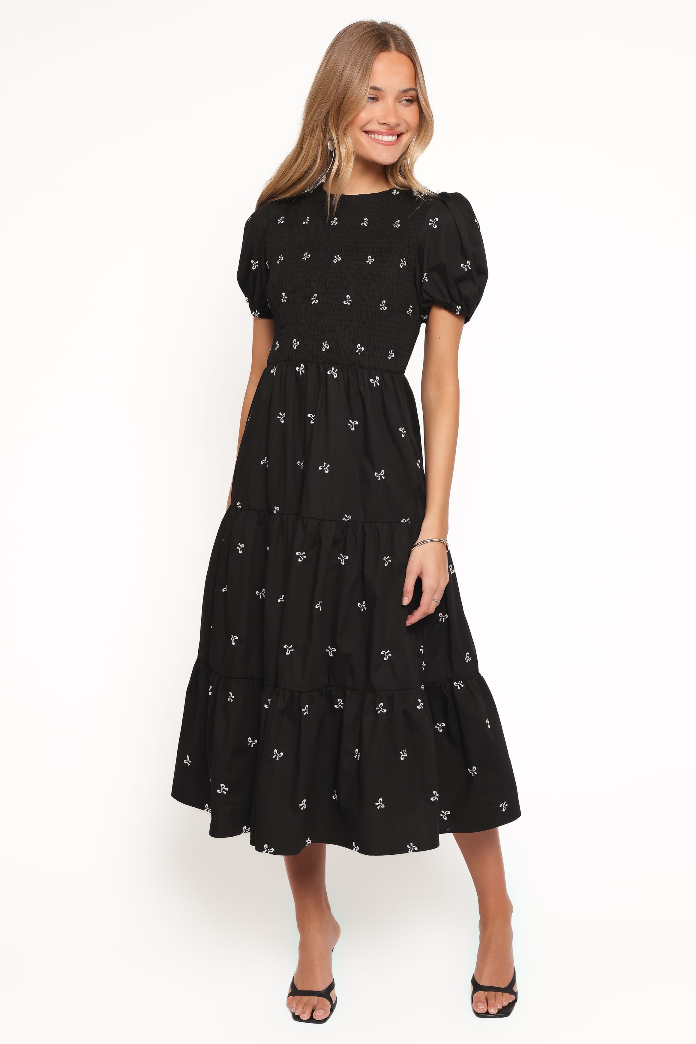DRESSES Naura Shirred Tiered Midi Dress - Black Bow
