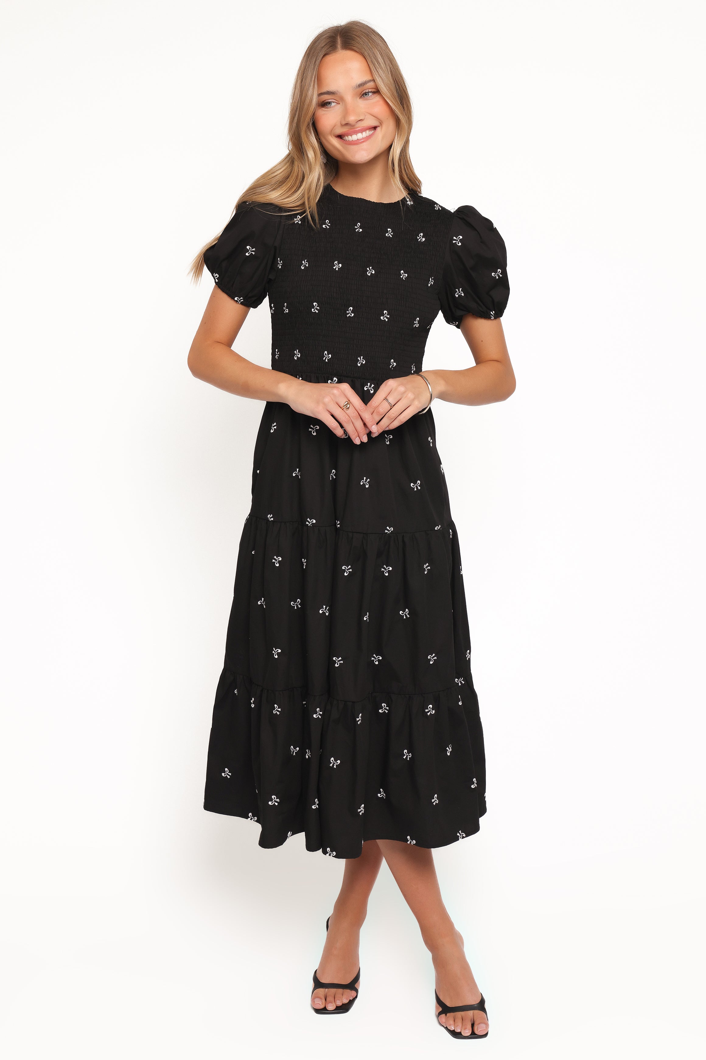 DRESSES Naura Shirred Tiered Midi Dress - Black Bow