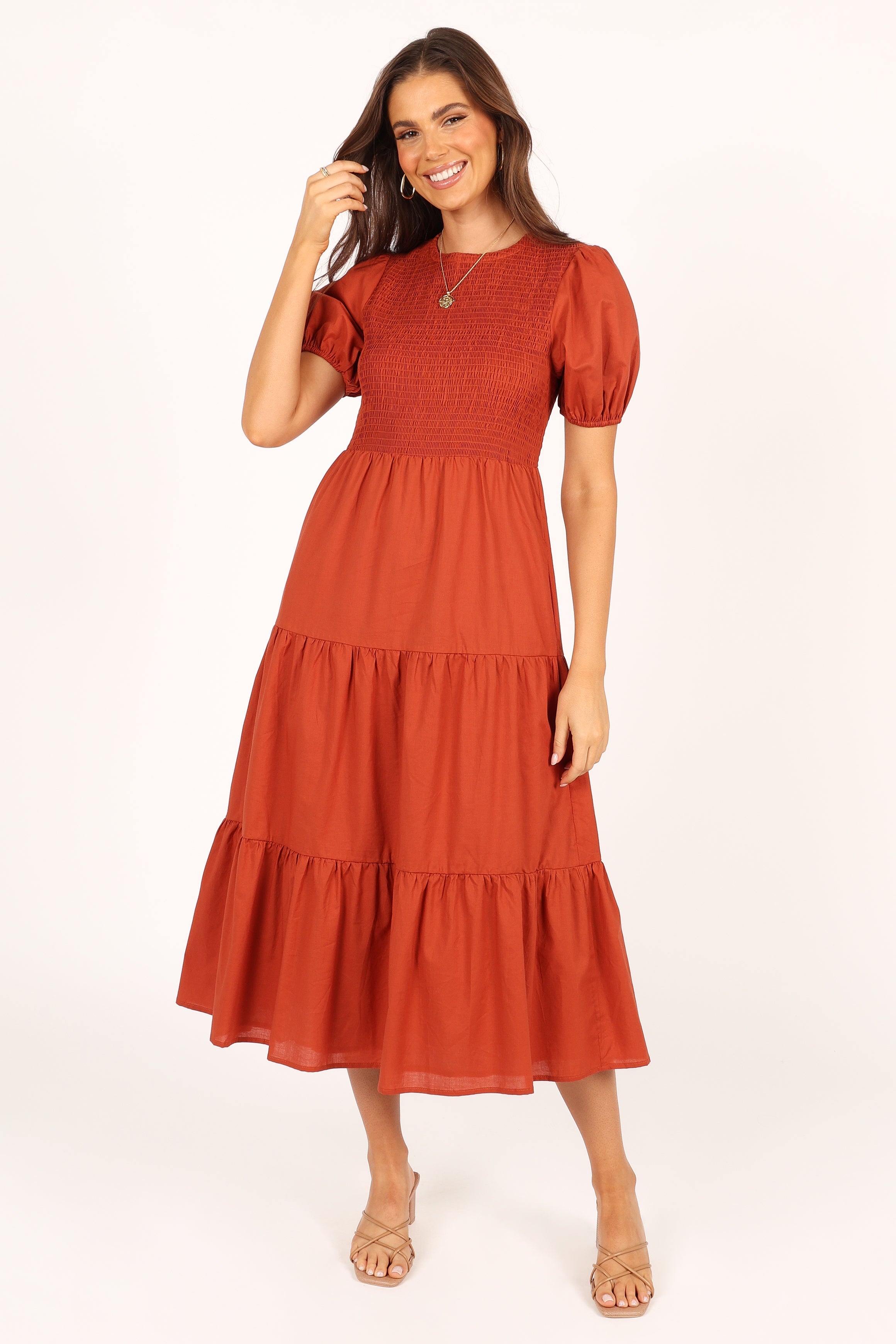 DRESSES Naura Shirred Tiered Midi Dress - Rust