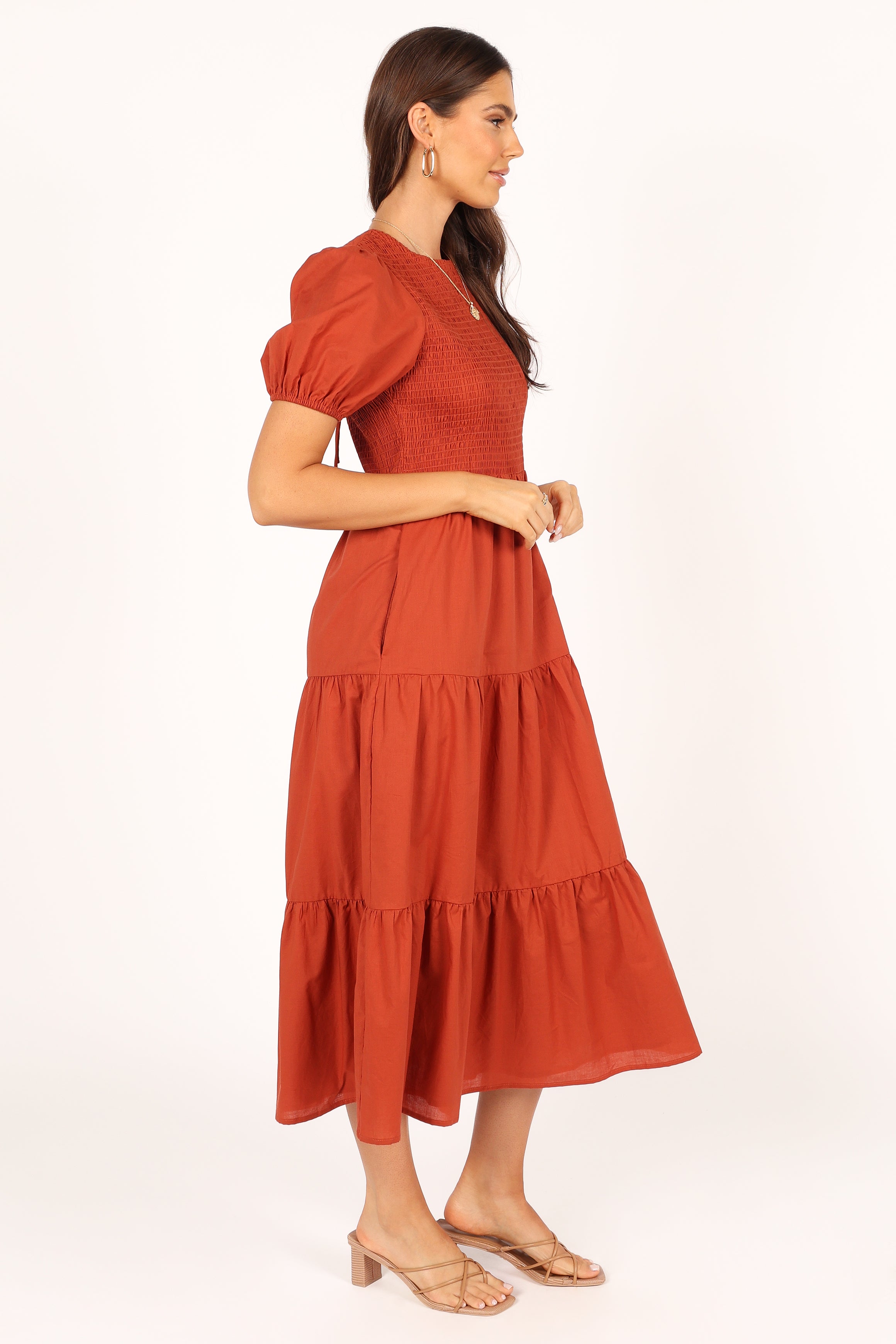 DRESSES Naura Shirred Tiered Midi Dress - Rust