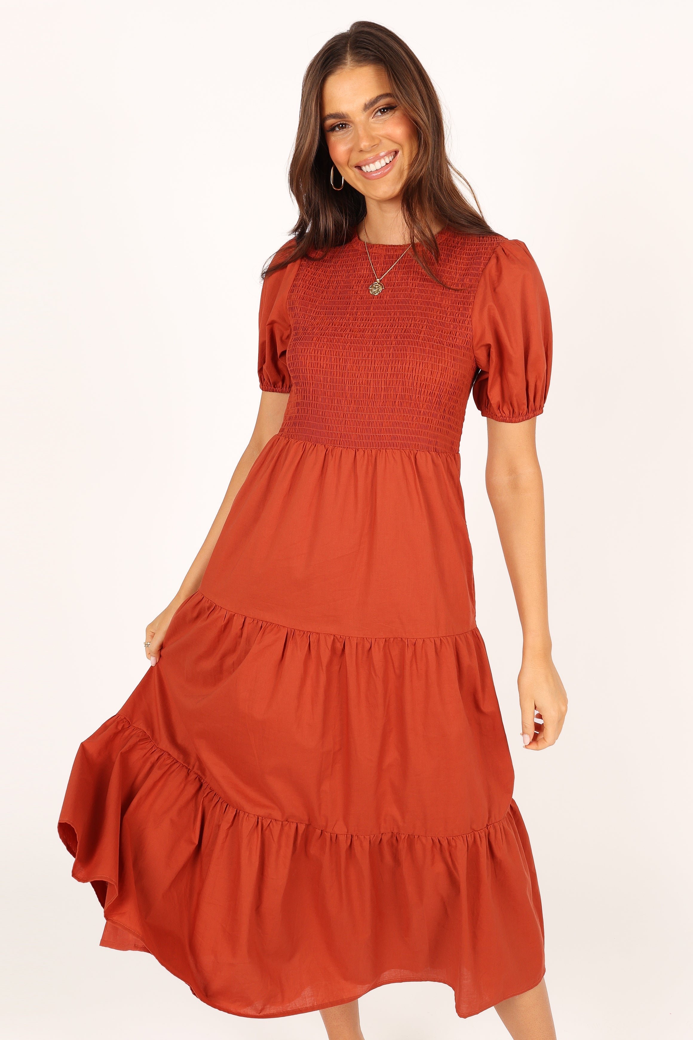 DRESSES Naura Shirred Tiered Midi Dress - Rust