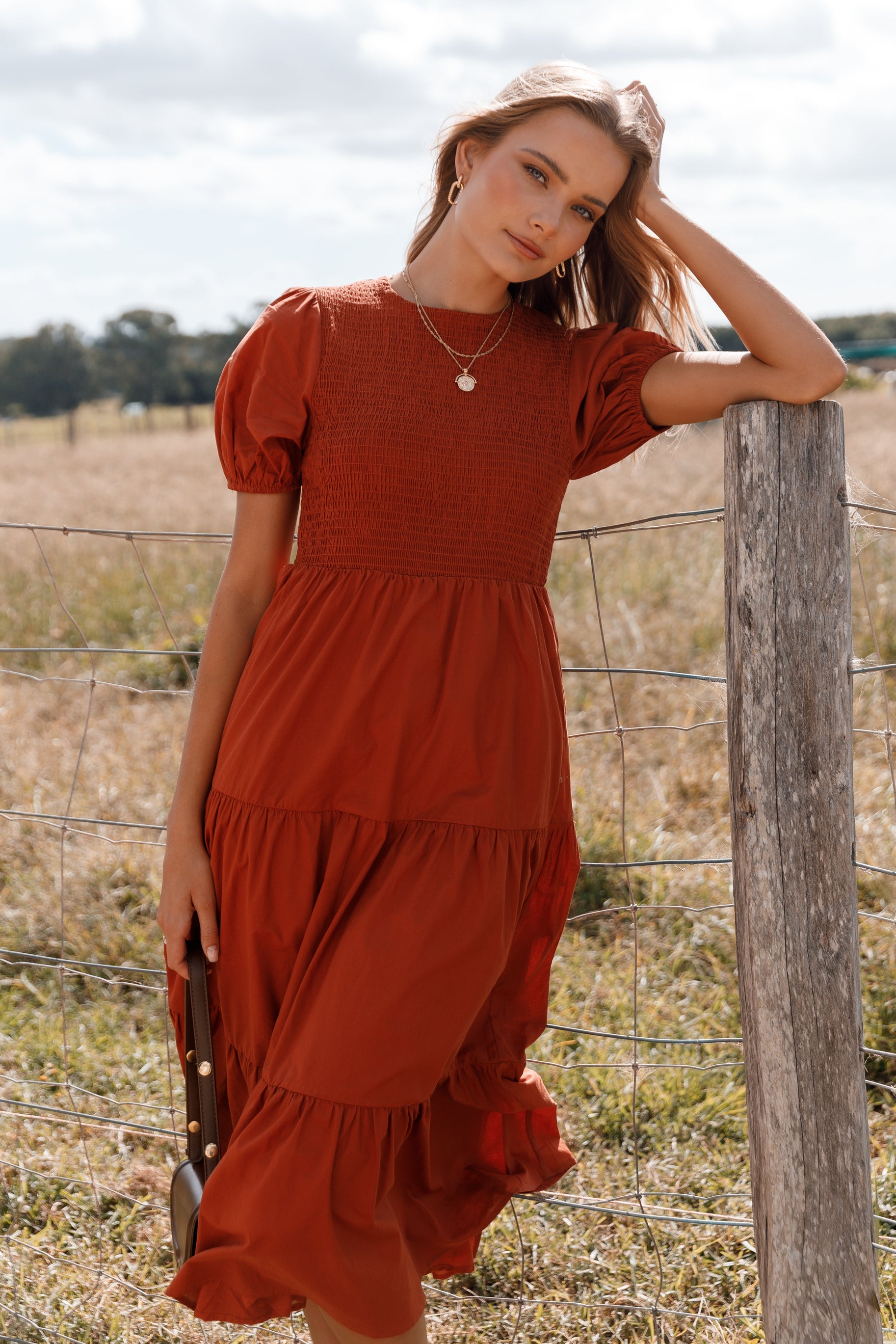 DRESSES Naura Shirred Tiered Midi Dress - Rust