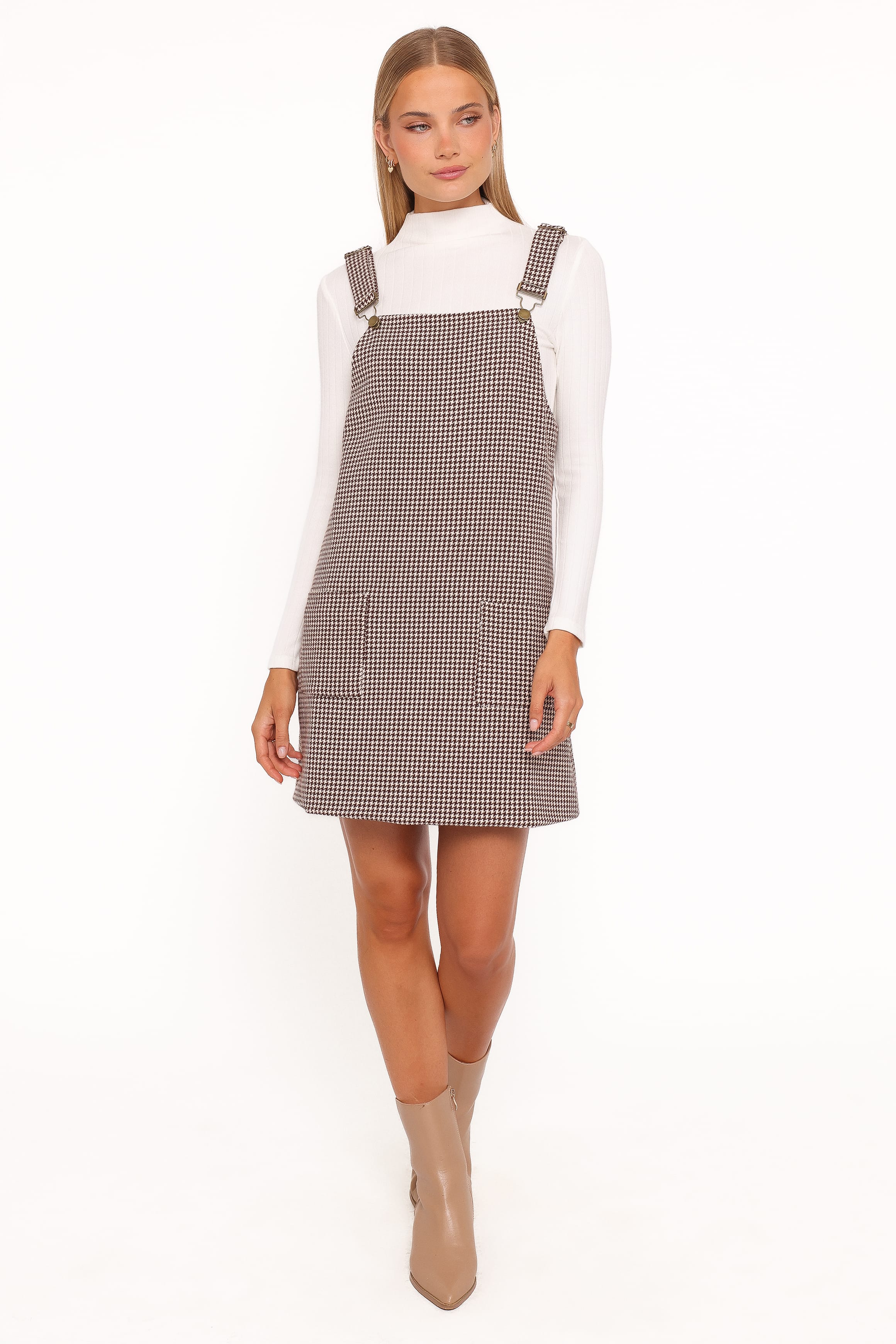 DRESSES @Noah Overall Mini Dress - Brown Houndstooth