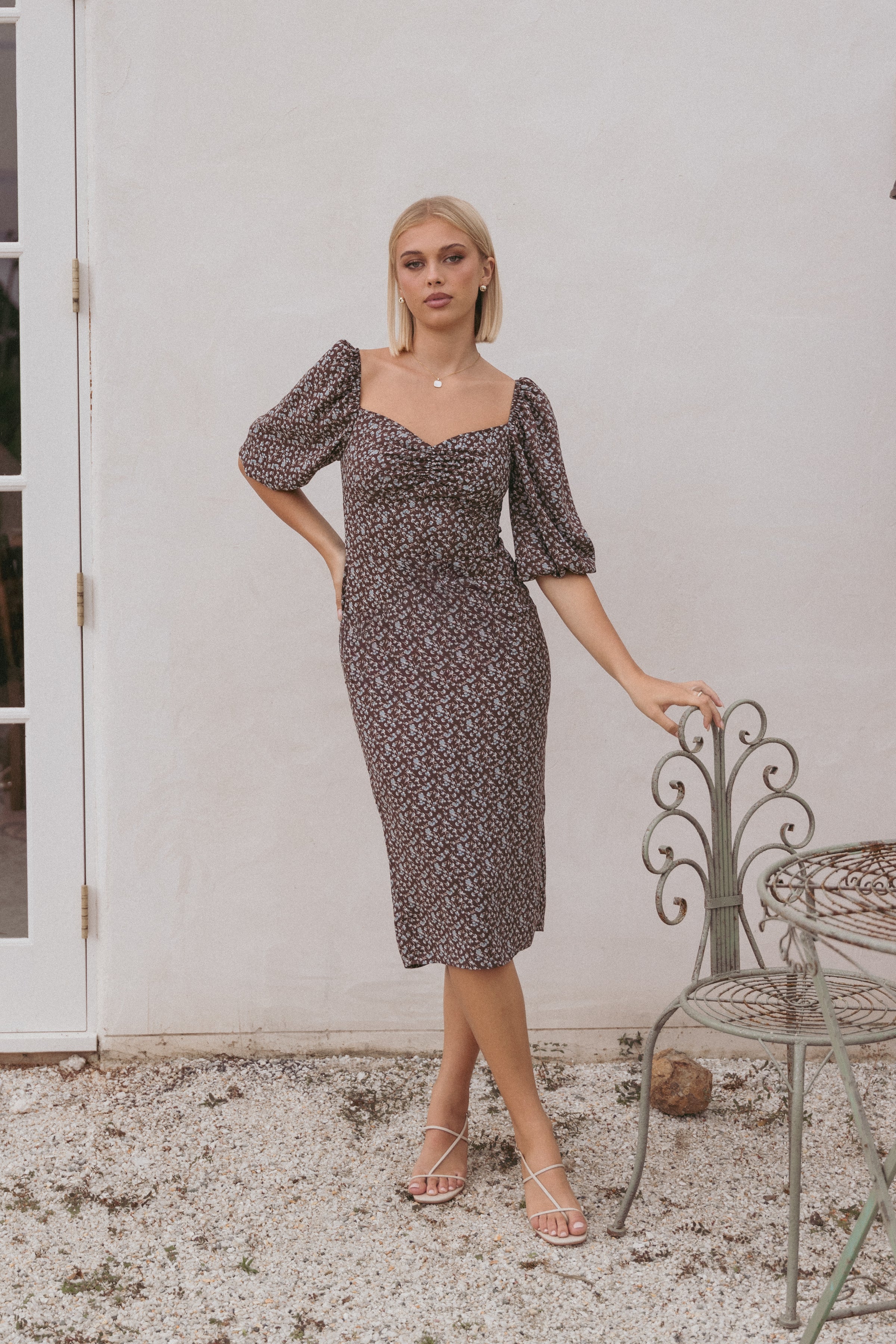 DRESSES Oona Midi Dress - Brown Blue Floral