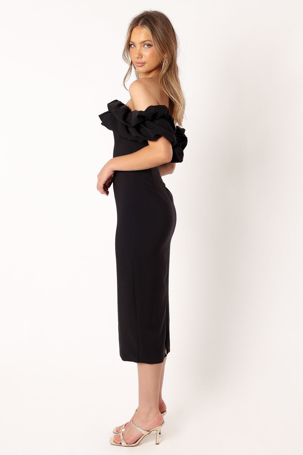 Phoebe Off Shoulder Midi Dress - Black - View 2 | Shop Formal Dress