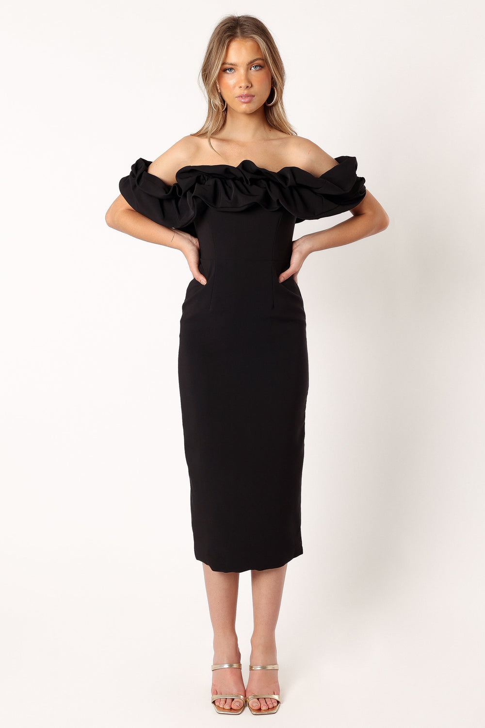 Phoebe Off Shoulder Midi Dress - Black - View 5 | Shop Formal Dress