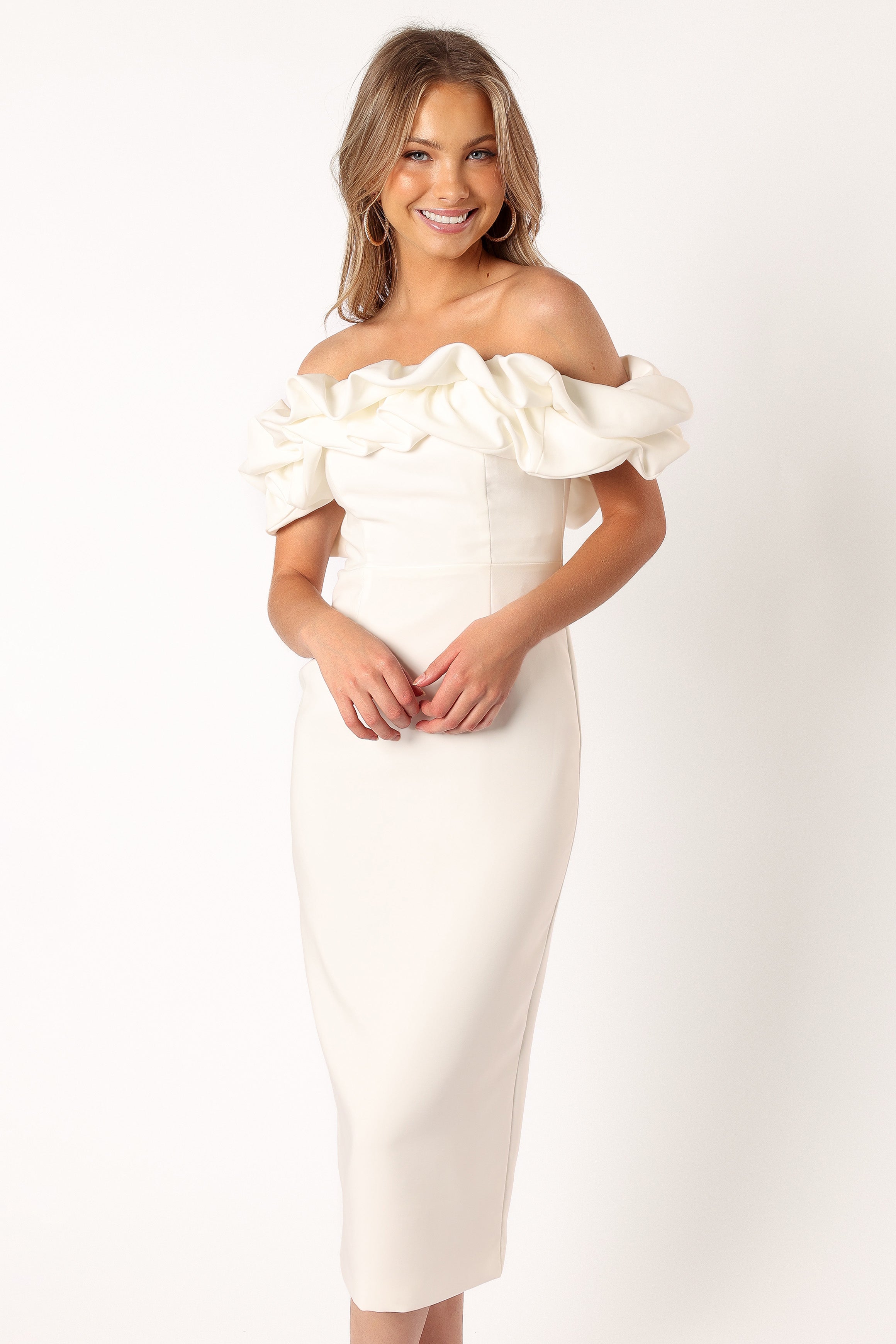 DRESSES @Phoebe Off Shoulder Midi Dress - White