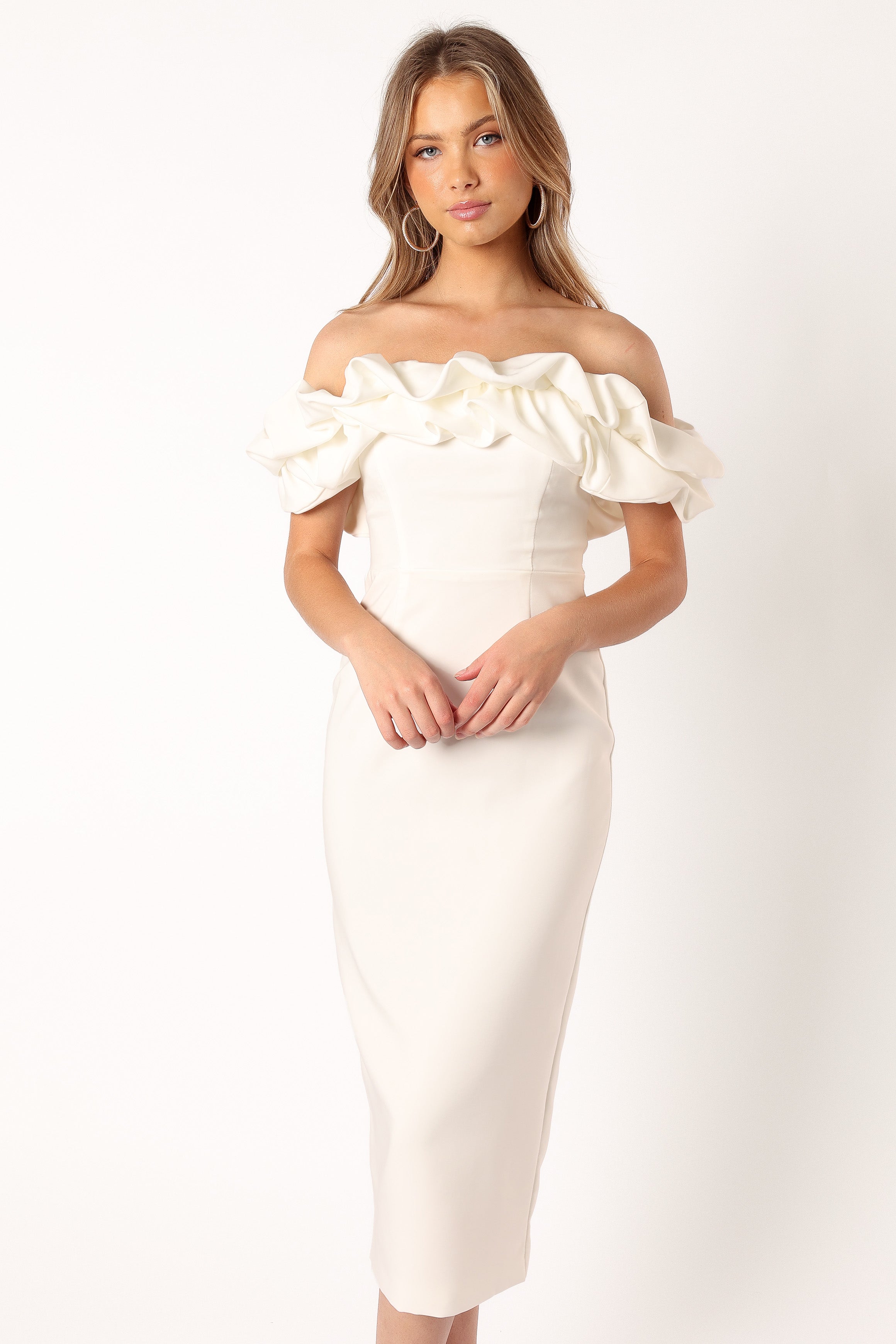 DRESSES @Phoebe Off Shoulder Midi Dress - White
