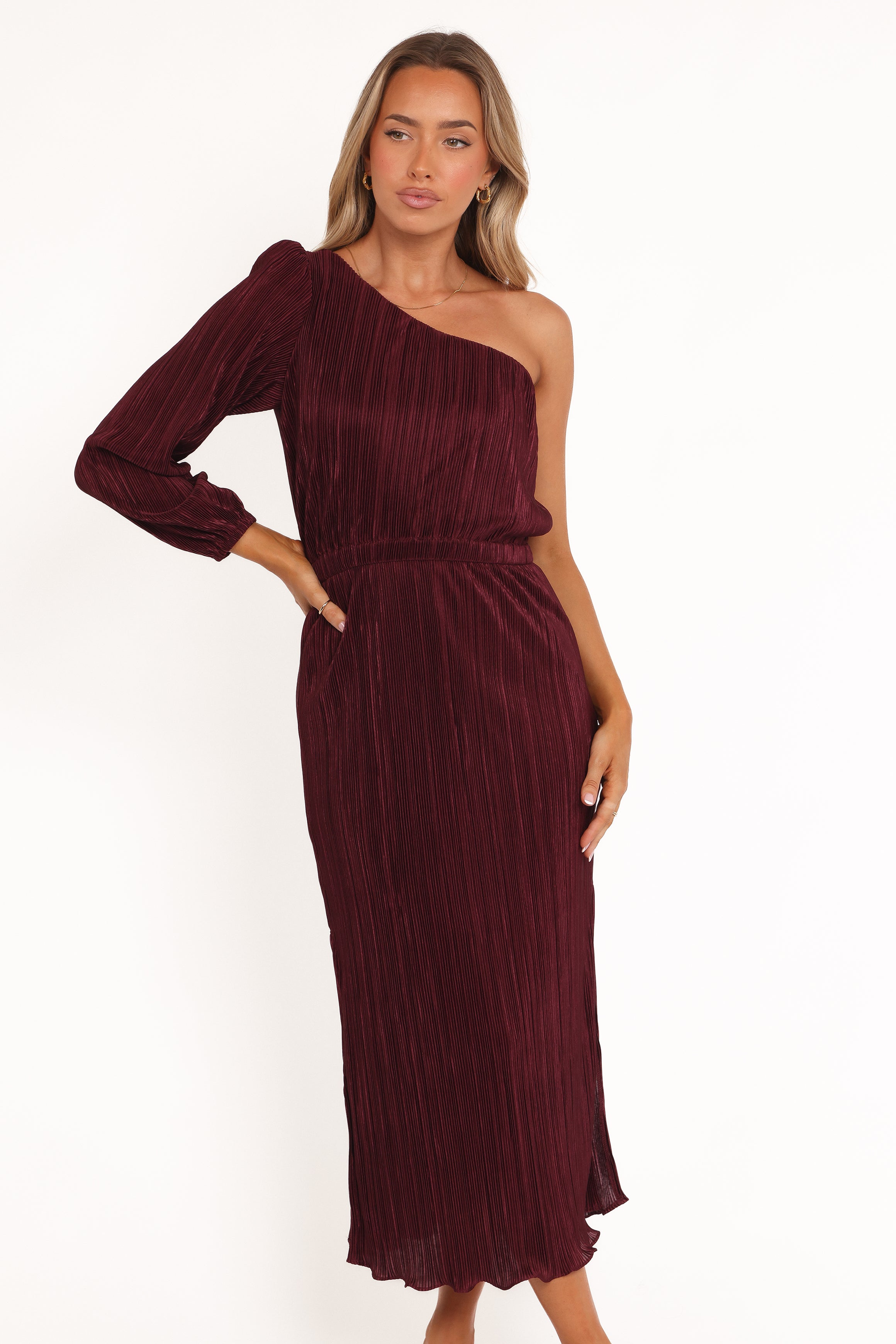 DRESSES Pontee One Shoulder Pleated Midi Dress - Burgundy