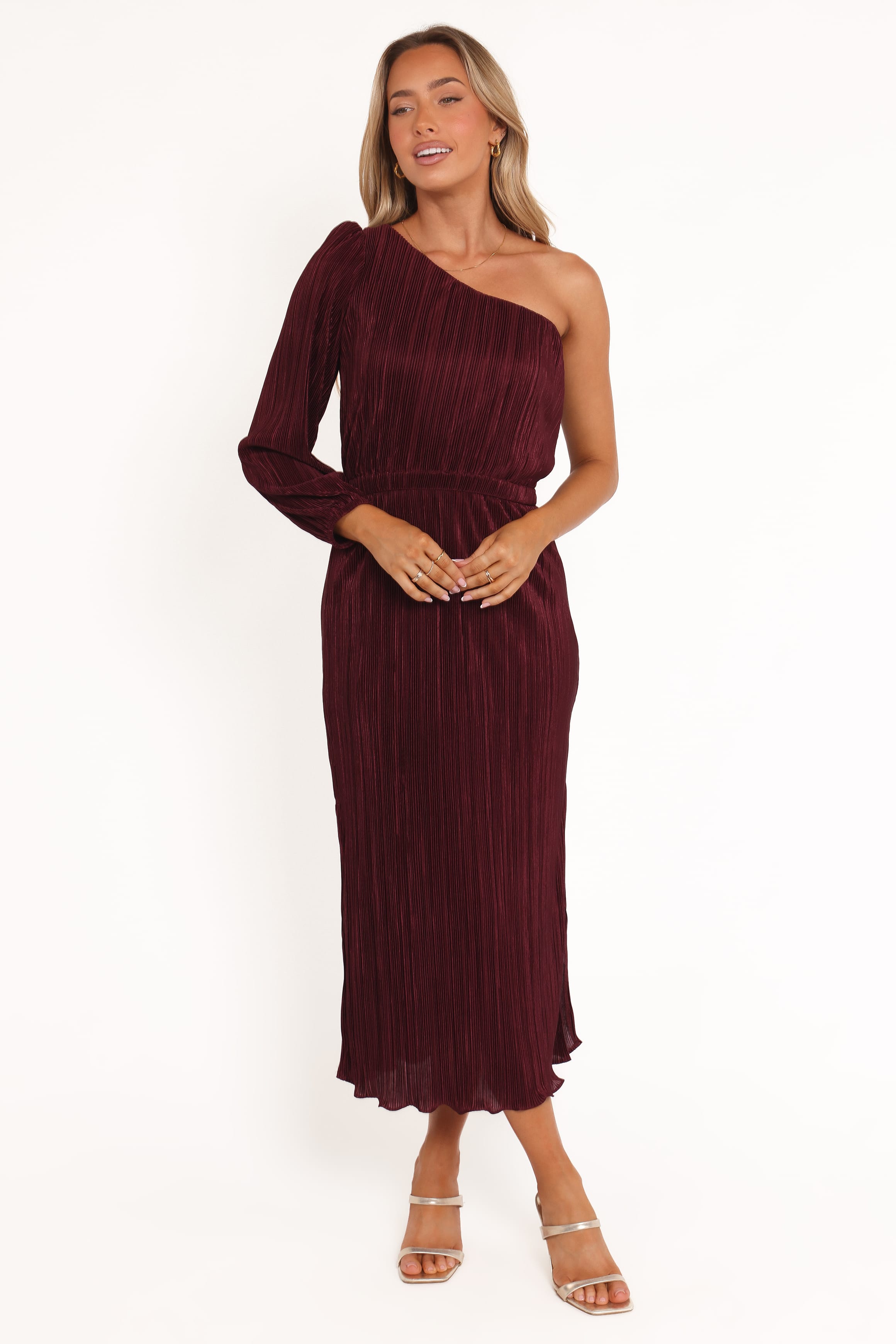 DRESSES Pontee One Shoulder Pleated Midi Dress - Burgundy