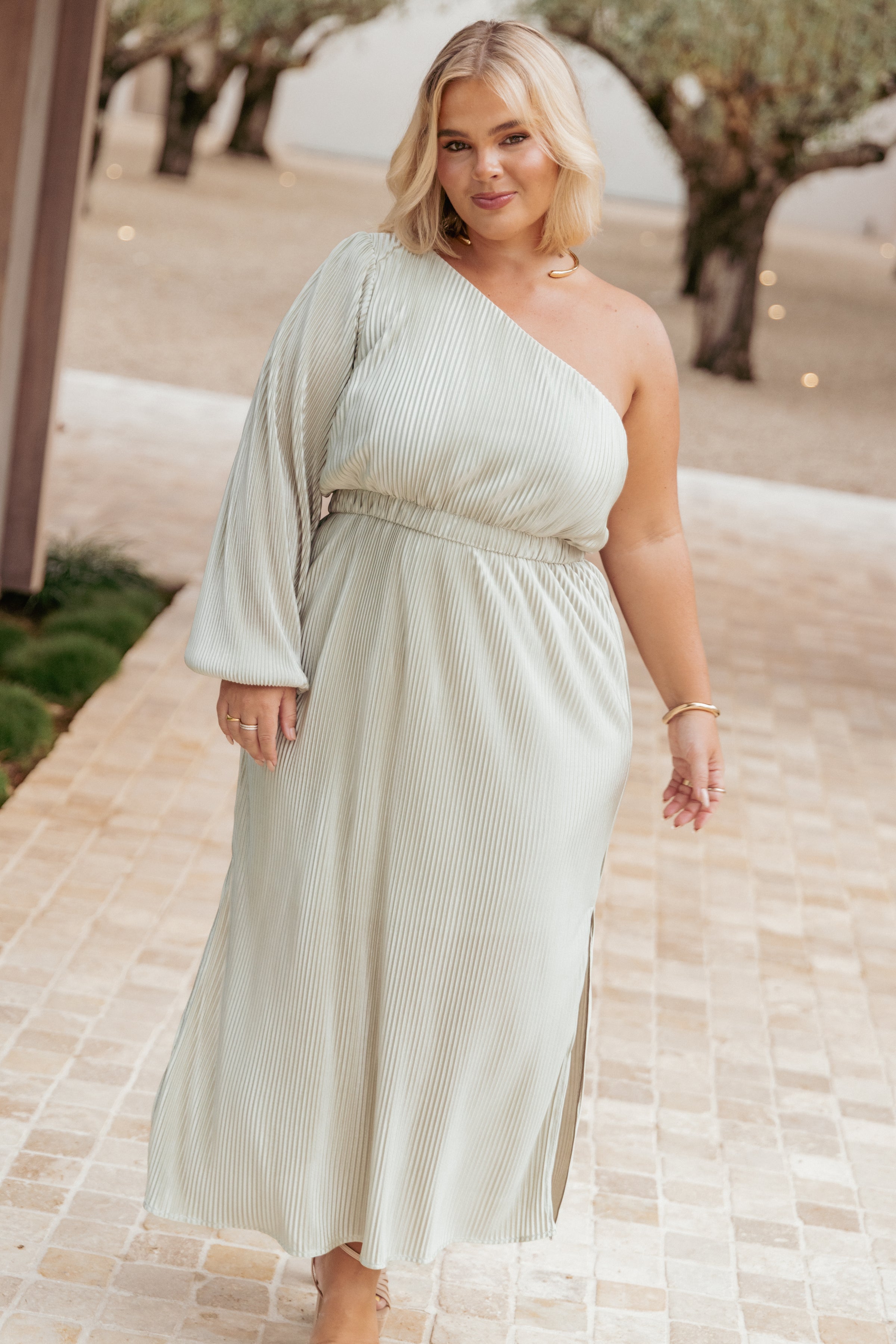 DRESSES Pontee One Shoulder Pleated Midi Dress - Sage Green